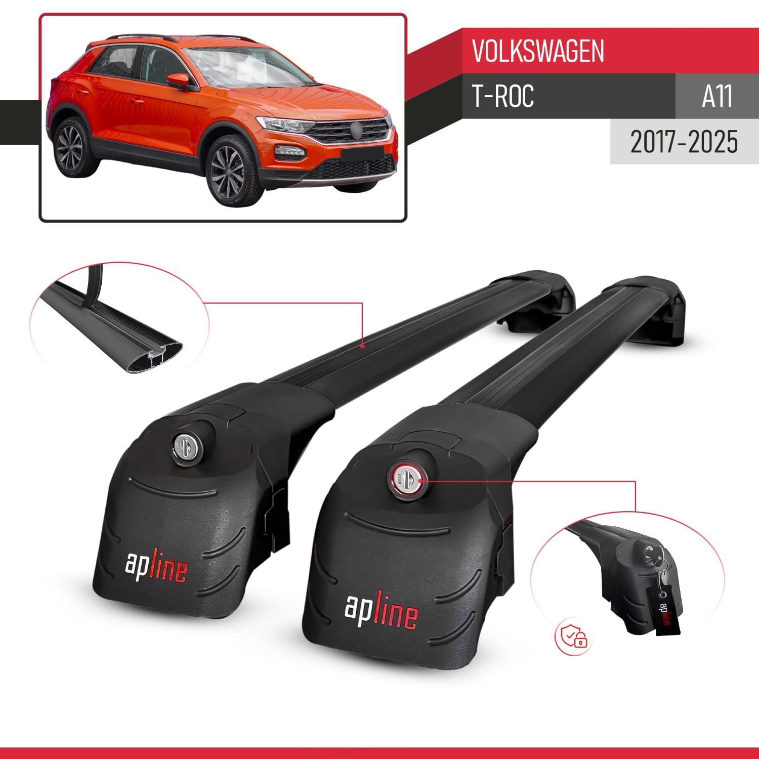 Compatible con Volkswagen T-Roc (A11) 2017-2025 Modelo Ace-2 Barra de Techo Auto Portaequipajes Barras Transversales Negro Aluminio 2 Barras