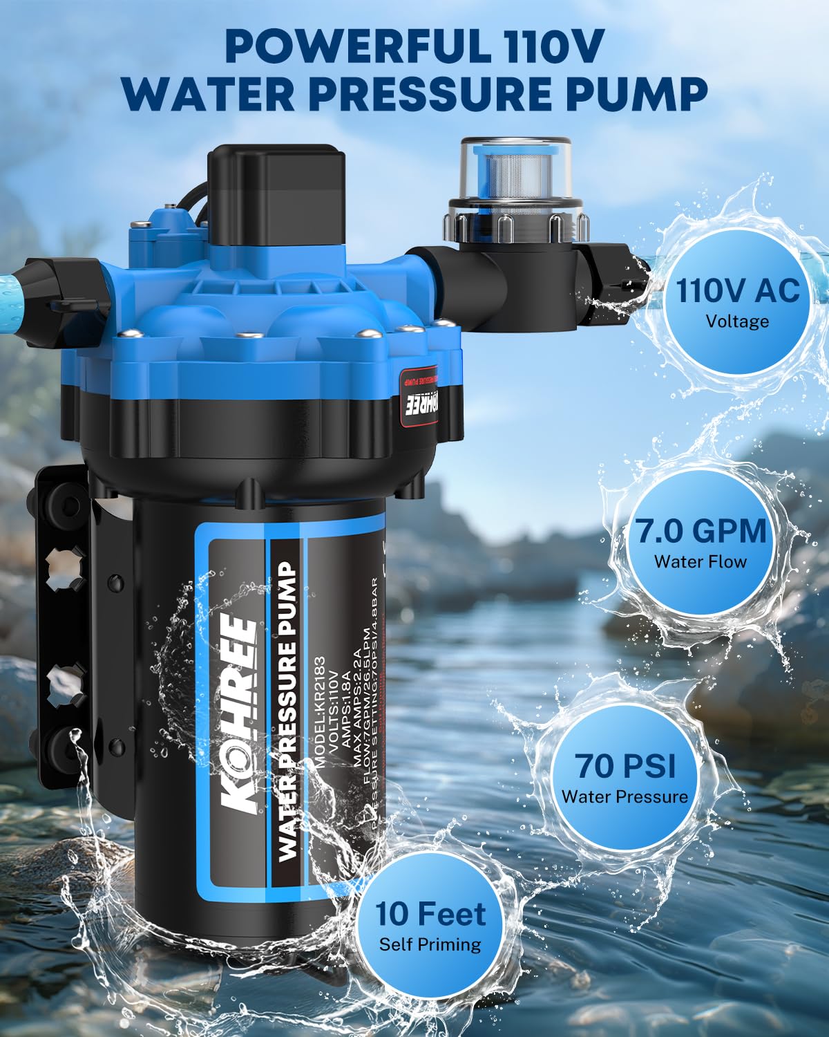 Amazon.com: Kohree 7 GPM 70 PSI 110V AC Water Pressure Pump, On