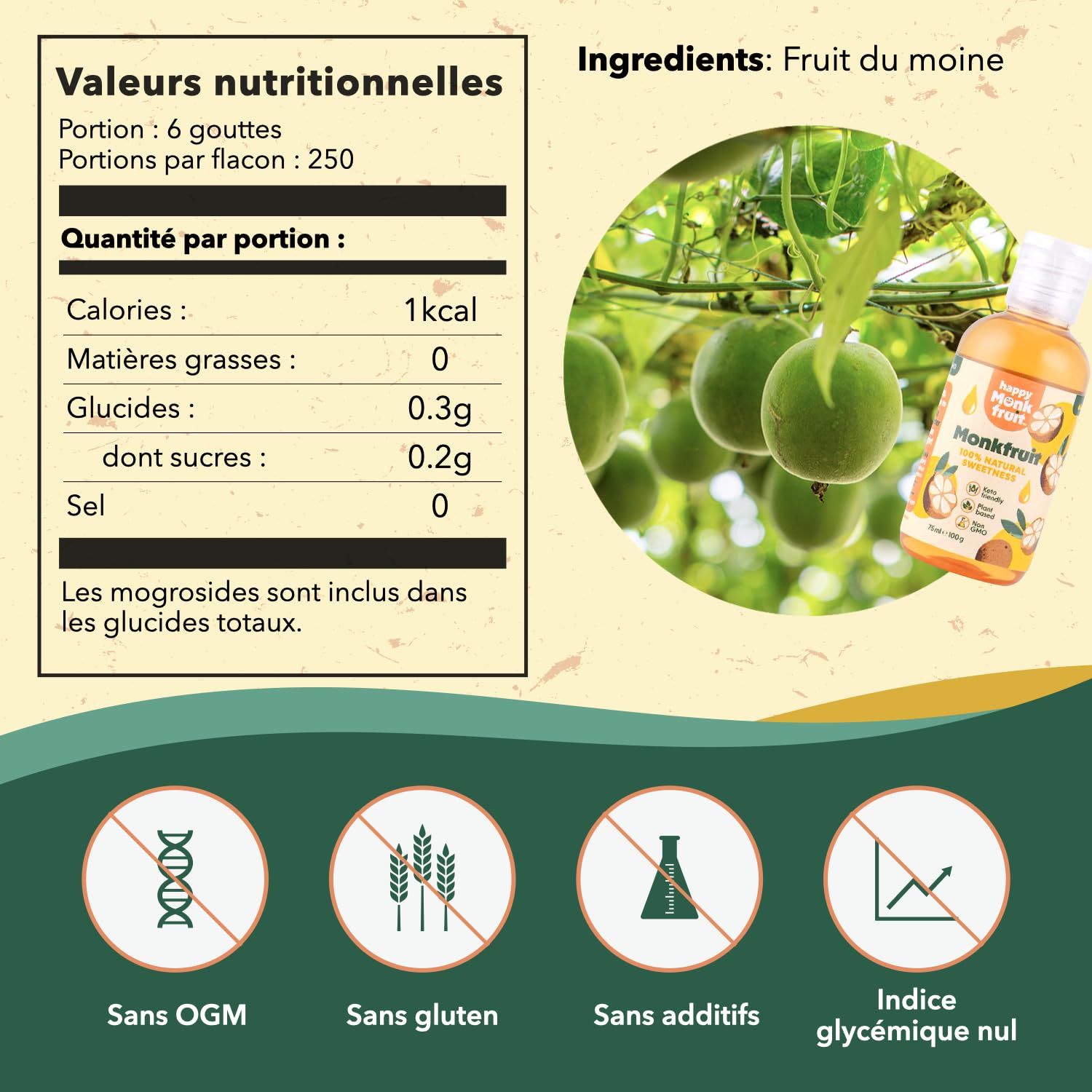 Fruit du Moine Édulcorant 75ml Gouttes, 250 Portions, 15x Plus Sucré que le Sucre - Monk Fruit Pur Sans Érythritol ni Stévia - Substitut du Sucre Naturel, Keto, Végan | Happy Monkfruit®