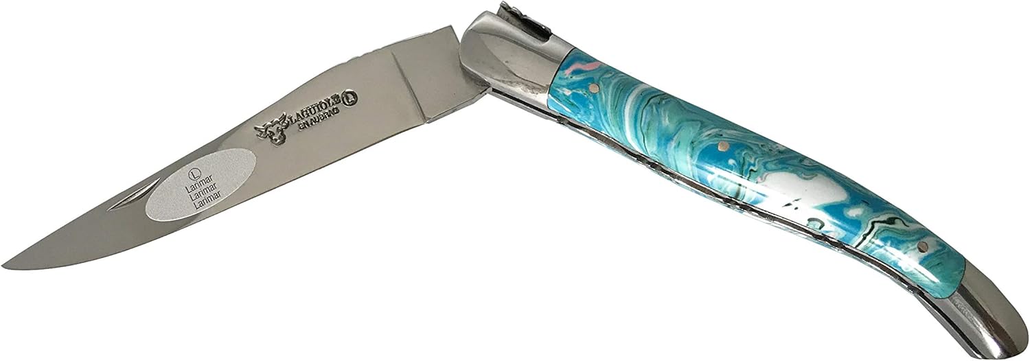 Laguiole en Aubrac Handmade Luxury Double Plate Folding Pocket Knife, 4.8-in (12cm). Genuine Larimar Handle, Hand Forged Bee, Stainless Steel Shiny Bolsters