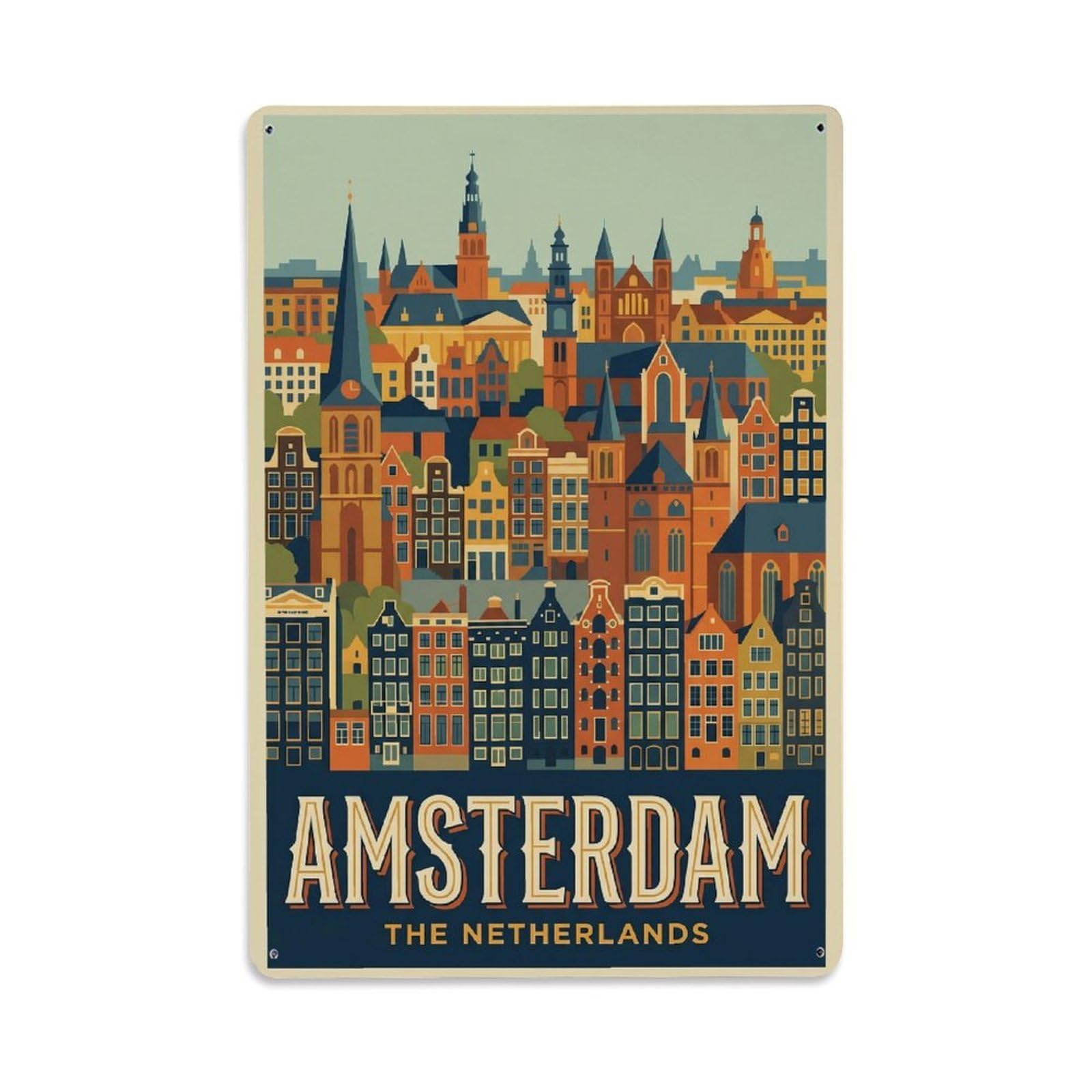 Vintage Travel Skyline Netherlands Panoramic Metal Tin Sign