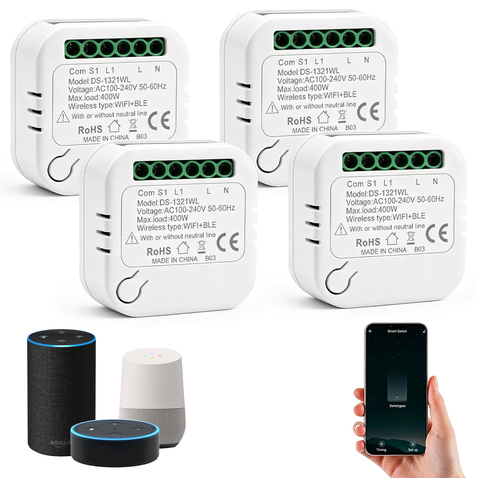WiFi Interruptor Módulo Sin Neutro,Inteligente Interruptor, Smart Switch | Inteligente Luz Interruptor Sin Neutro Compatible con Alexa & Google Assistant, Mini Smart Switch WIFI con Tuya y Smart Life
