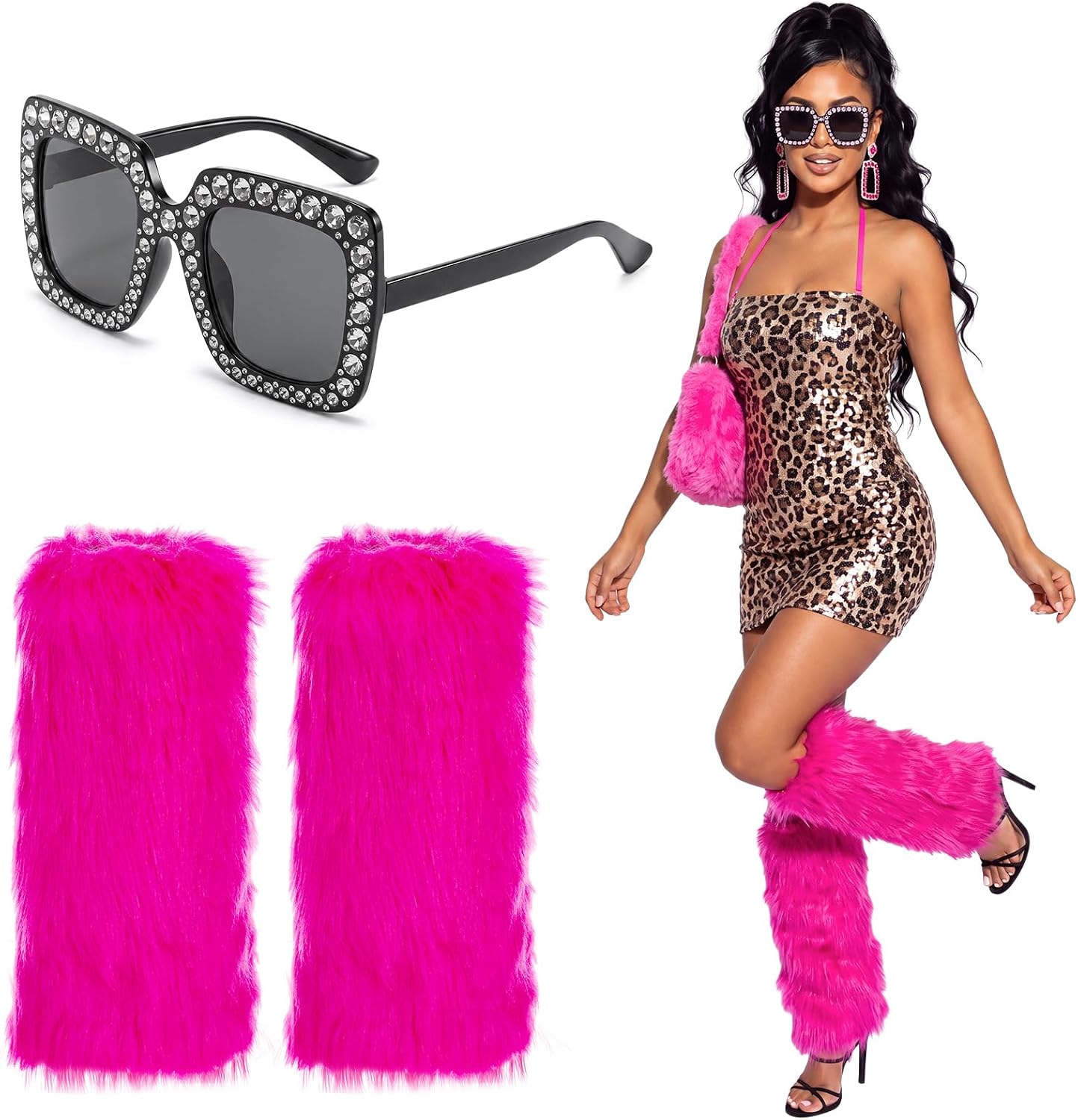 Berlune 2 Fluffy Leg Warmers,Rhinestone Sunglasses for Women
