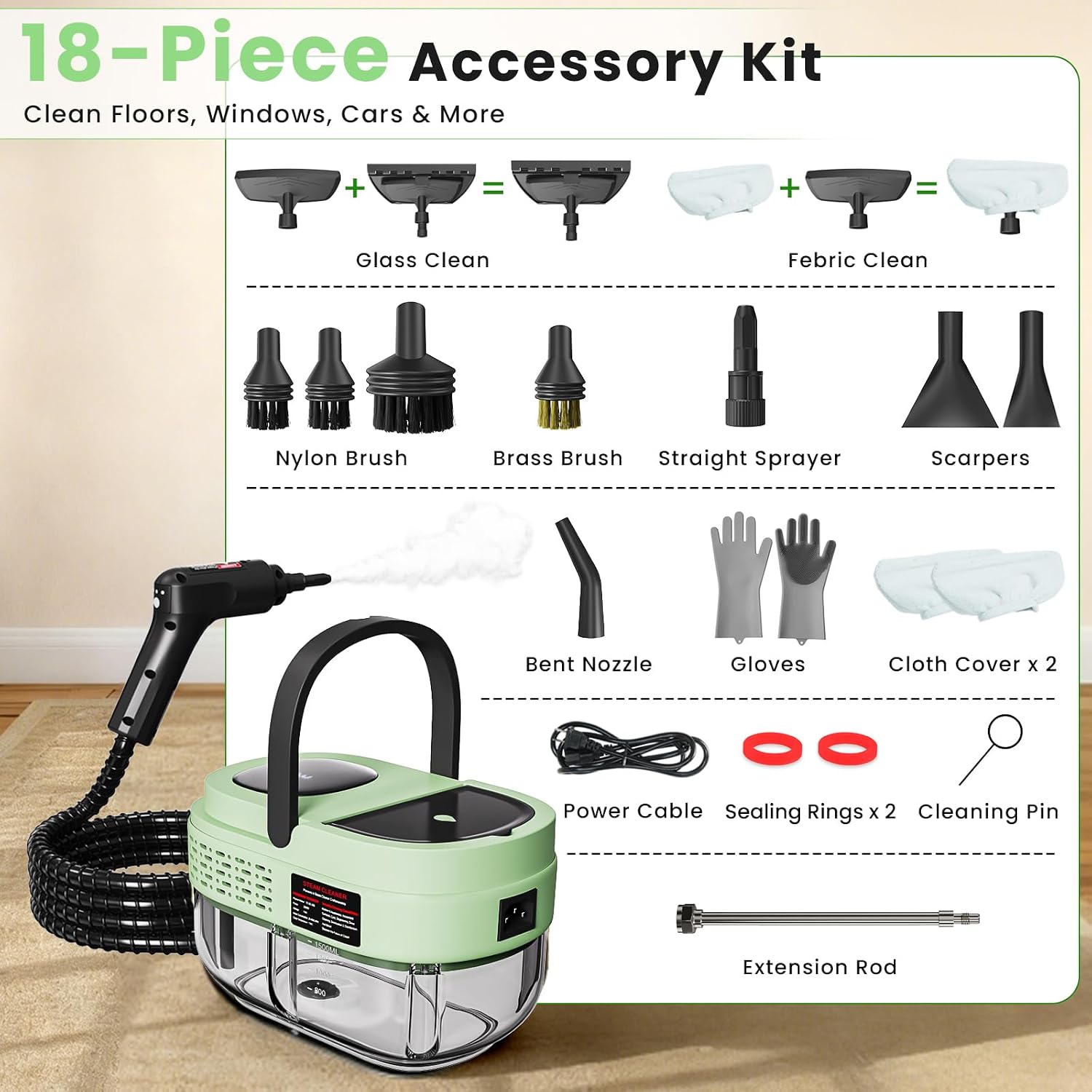 Handheld Steam Cleaner for Home, 15s Heat Up, 1.69 QT Tank, 3 Steam Levels