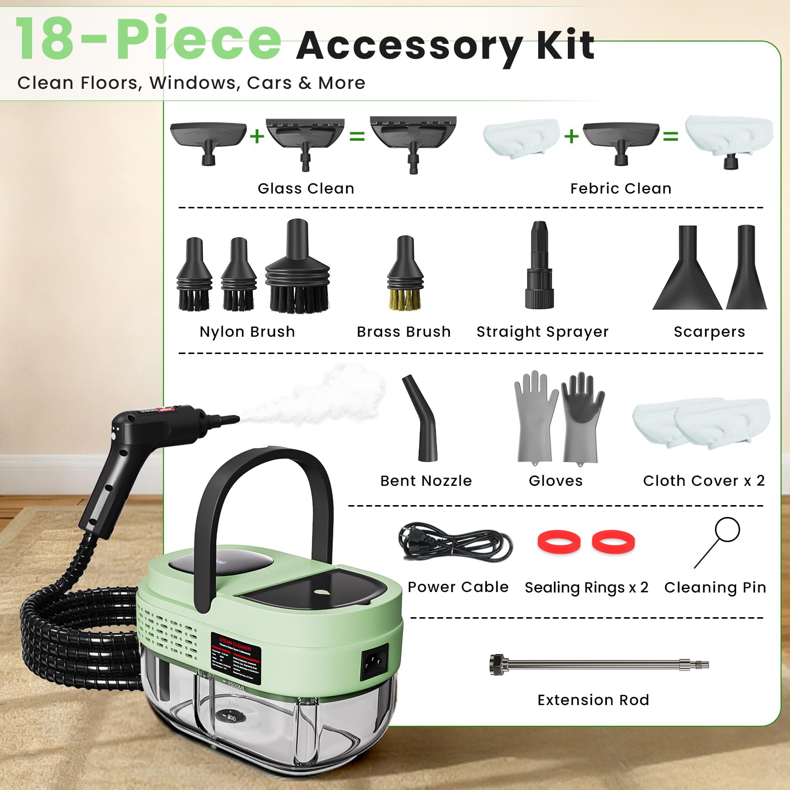 Pulitore a vapore portatile per casa, riscaldamento 15s, serbatoio da 1,69 QT, kit da 18 pezzi