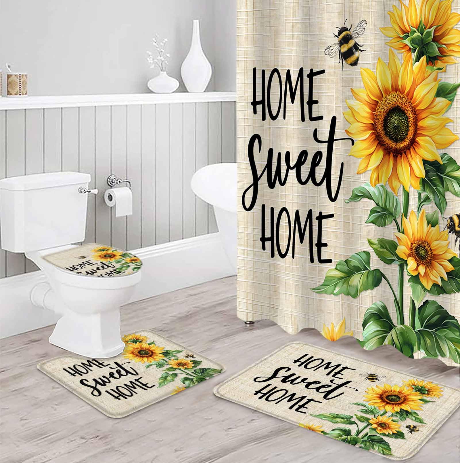 Sunflower Beige Bathroom Set with Shower Curtain and Rug Accessories - 36x72 Inches Long Farmhouse Bee Country Rustic Wooden Grain Stall Curtain Waterproof with Small Bath Mat,Washable Runner Rug Set