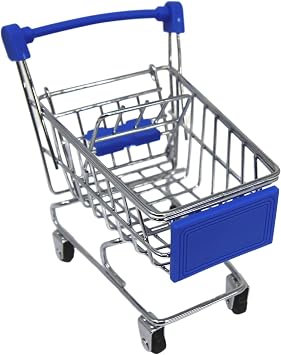 Bonka Bird Toys 2297 Mini Shopping Cart Supermarket Handcart Basket Foot Talon Bird Toy Treat Forage Dispenser Holder Model Metal Wheel Wire Frame Pet Fun Dark Blue