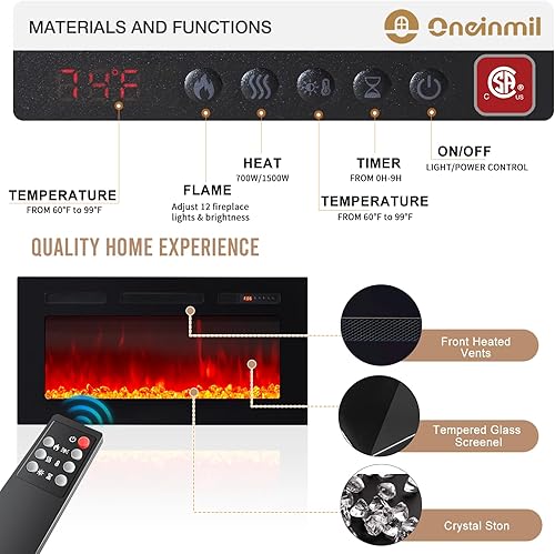 Miniatura 5 de oneinmil Soporte de TV para chimenea con chimenea eléctrica de 36", centro de entretenimiento con luz LED, gabinete de almacenamiento moderno con