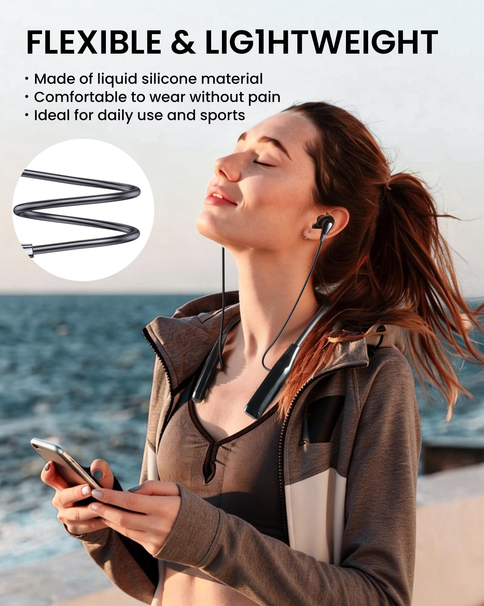 LAMA Słuchawki Bluetooth z pałąkiem na szyję, bezprzewodowe słuchawki IPX5, wodoszczelne, z mikrofonem redukcji szumów, dźwięk stereo HD, sportowe słuchawki douszne z 100 godzinami odtwarzania