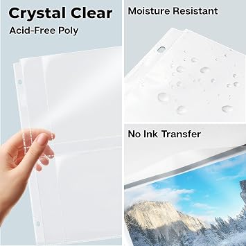 Dunwell 5x7 Photo Sleeves for 3-Ring Binder, (25 Pack) for 100 Pictures, Each Sheet Holds Four 5 x 7 Pictures or Postcards, Acid-Free Poly Plastic Photo Album Refill Pages