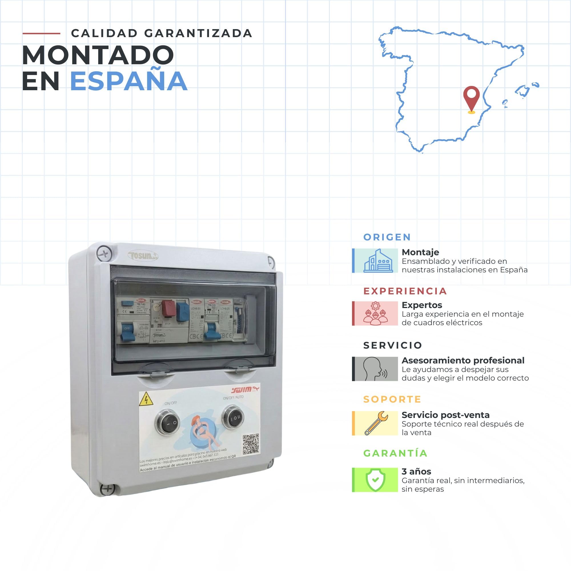 SWIMHOME Cuadro Eléctrico Piscina WiFi 60W 12V DC Contactor Clorador y Guardamotor 2CV 6-10A ABS Gris