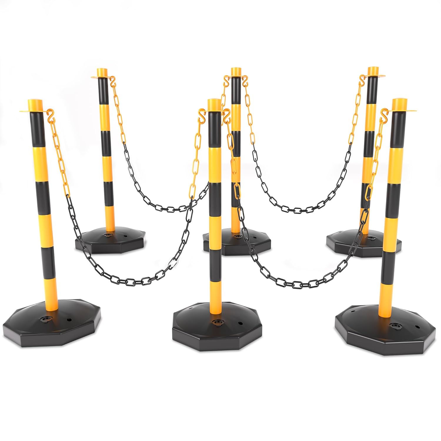 6 Pack Traffic Barricade Delineator Post with Fillable Base, Crowd Control Barriers, Cones for Parking Lot, Adjustable Stanchions with 5.4FT Plastic Chain Outdoor and Indoor (Black)