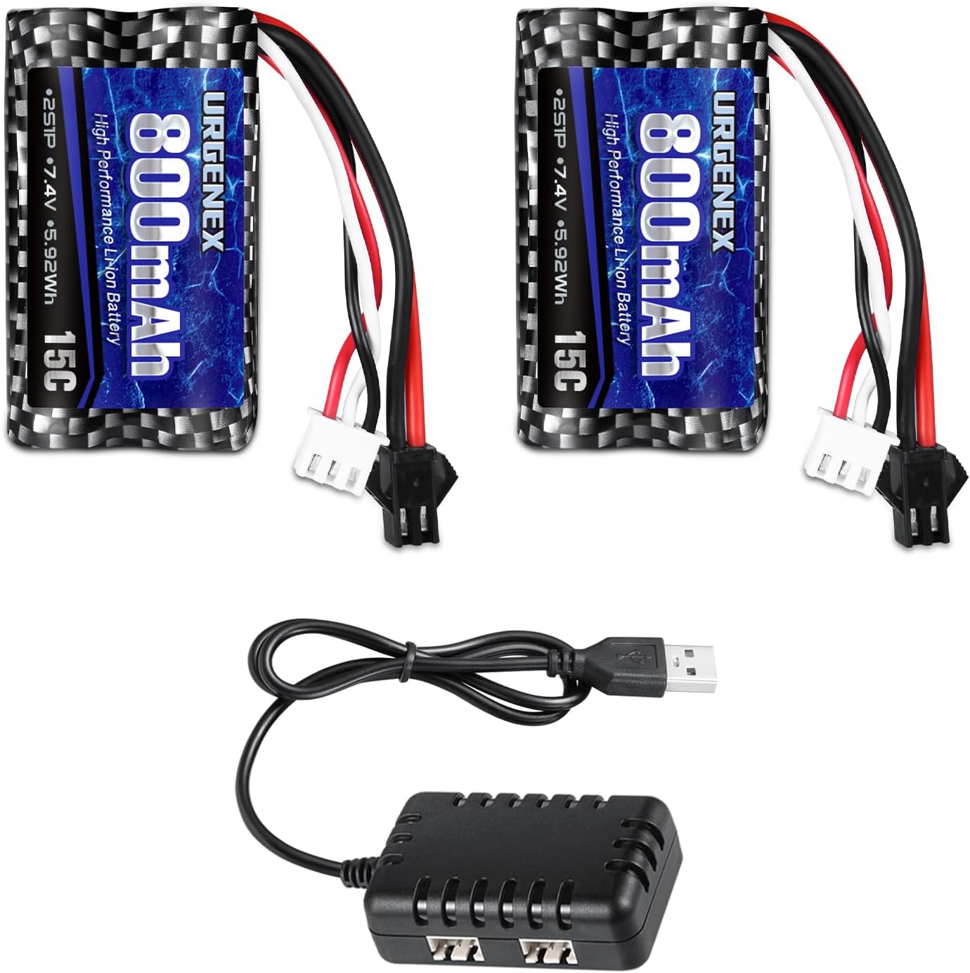URGENEX Airsoft Battery 7.4V 800mAh with SM-2P Plug 2S RC Li-ion Battery Compatible with Anstoy Gel Blaster Gun WPL MN BEZGAR RC Car Boats and Most 1/16, 1/18, 1/24 RC Trucks