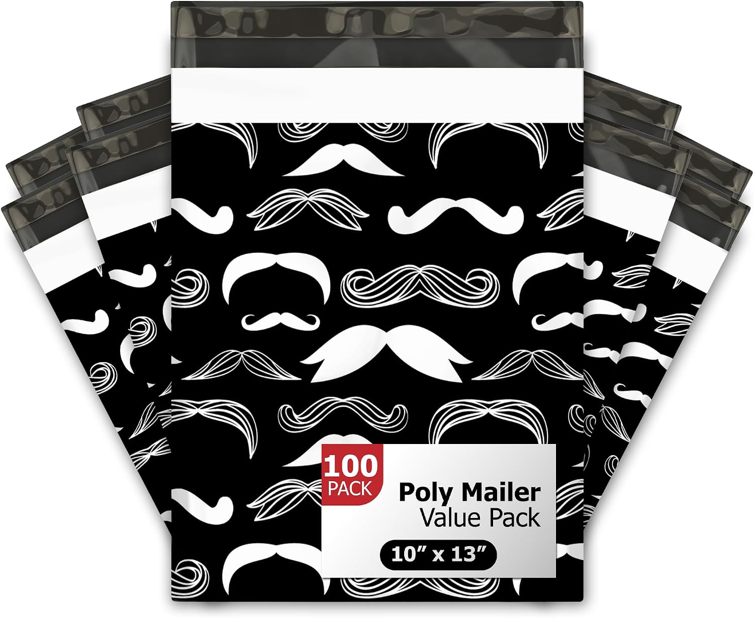 10x13 (100) Stylish Mustache Designer Poly Mailers Waterproof Self Sealing Shipping Tear Resistant Polymailer Envelopes Masculine Premium Printed Bags For Small Businesses