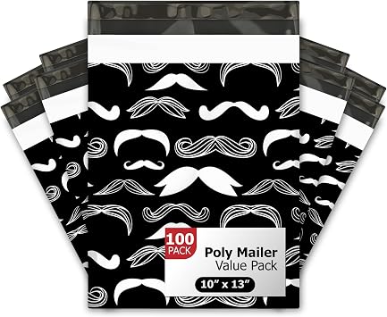10x13 100 Stylish Mustache Designer Poly Mailers Waterproof Self Sealing Shipping Tear Resistant Polymailer Envelopes Masculine Premium Printed Bags For Small Businesses