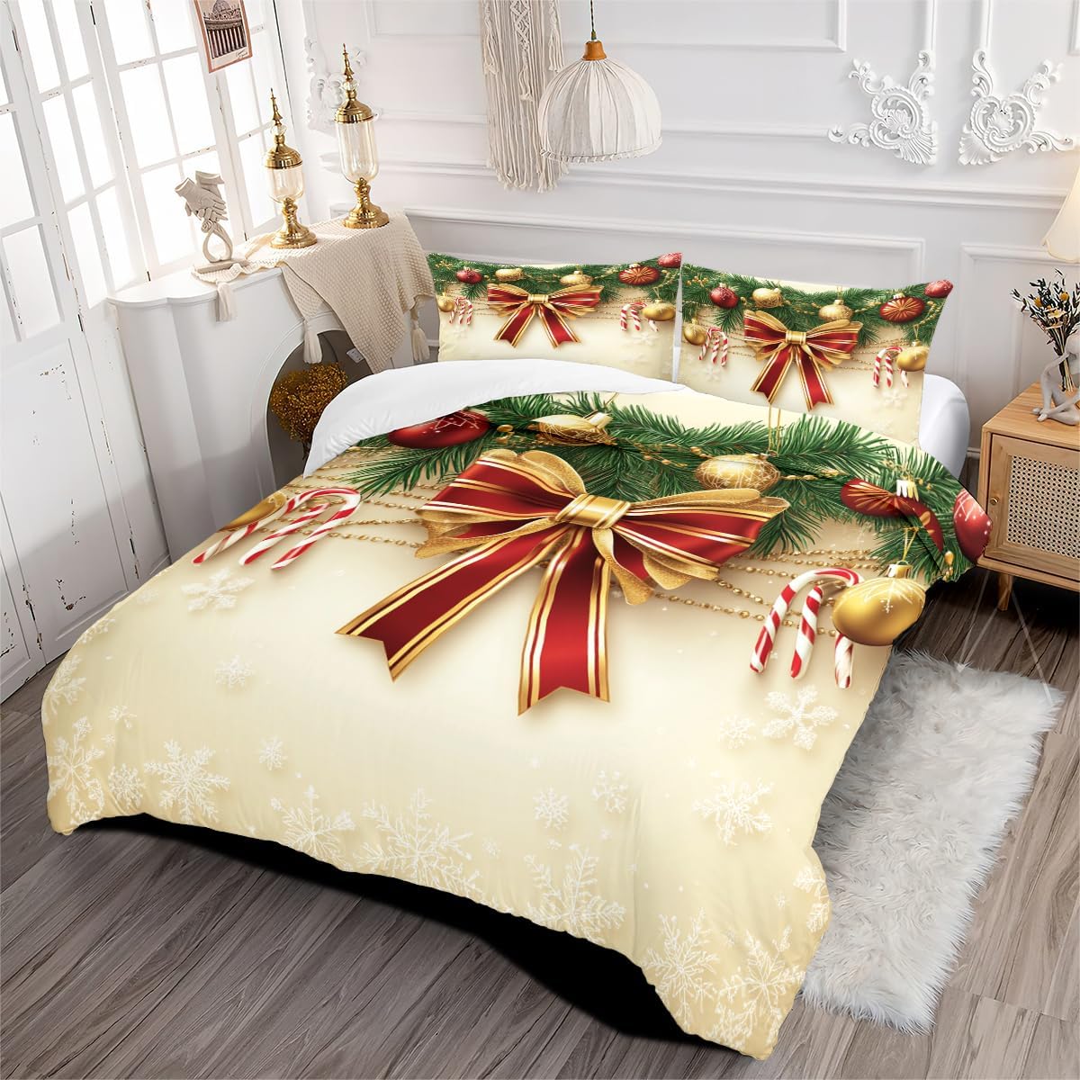 CCoutueChen Light Gold Chriatmas Bedding Set Twin Size,Red Bow Duvet Cover for Girls Women Bedroom Decor,2Piece Soft Microfiber Comforter Cover Set with 1 Pillowcase