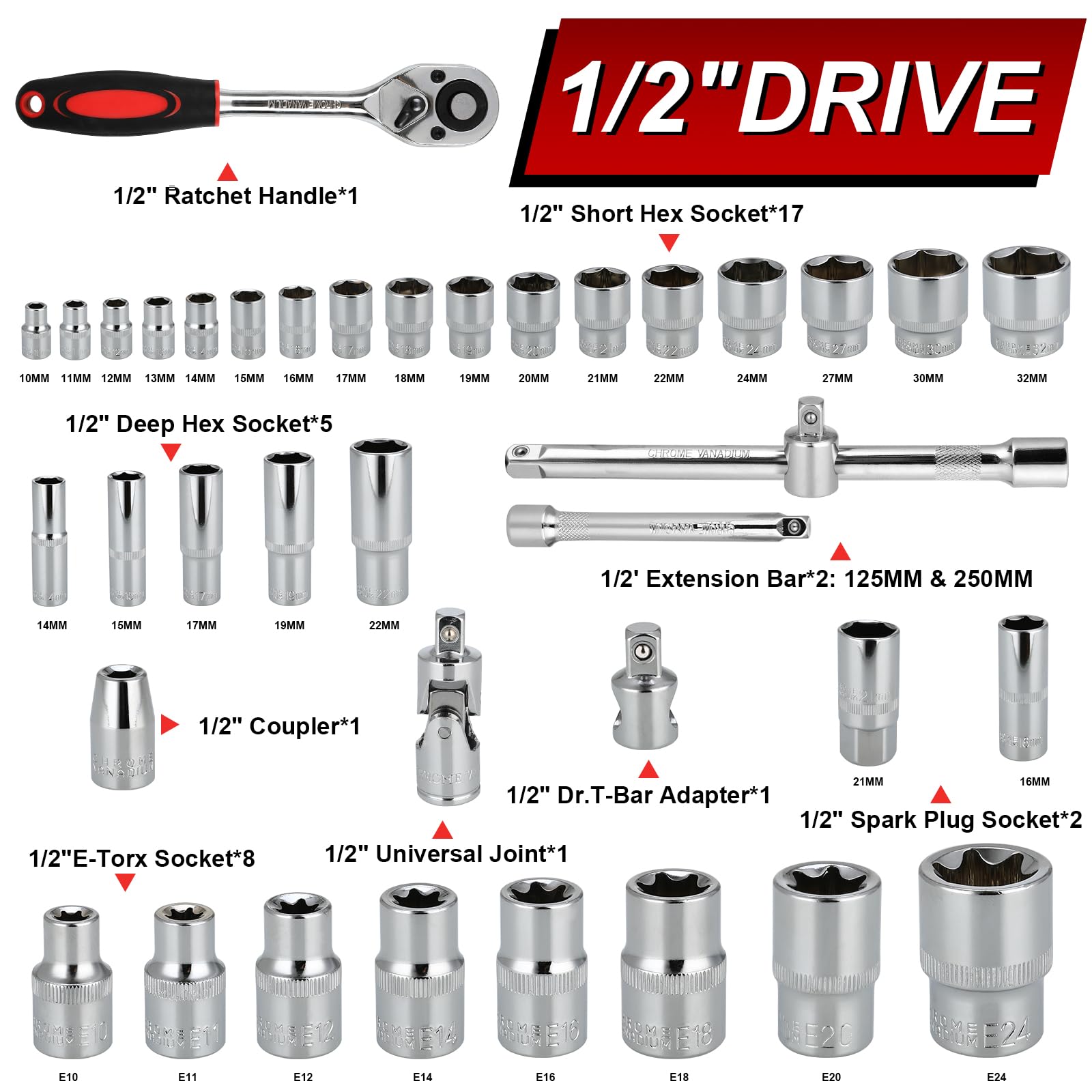 TLGREEN 108-teilig Steckschlüsselsatz Cr-V Steckschlüssel Set Ratschenkasten Knarrenkasten mit 1/4" und 1/2" 72 Zähne Umschaltknarre Sechskant Steckschlüsseleinsatz für Auto Motorrad Fahrrad Heim