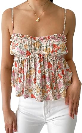 Women Floral Camisoles Tops Sexy V Neck Backless Ruffle Hem Going Out Tops Cute Summer Y2k Teen Girls Camis