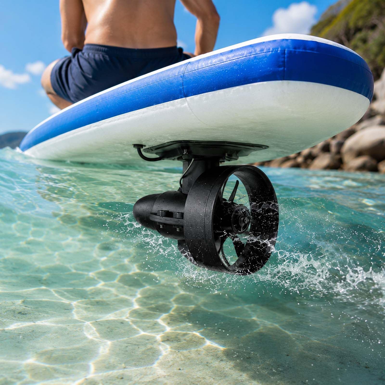 QFGain Electric Kayak Propeller Motor, 12V Underwater Thruster for Canoe & Paddle Board, 440LBS Thrust SUP Fin Style, Remote for Inflatable Boat Fishing 216W
