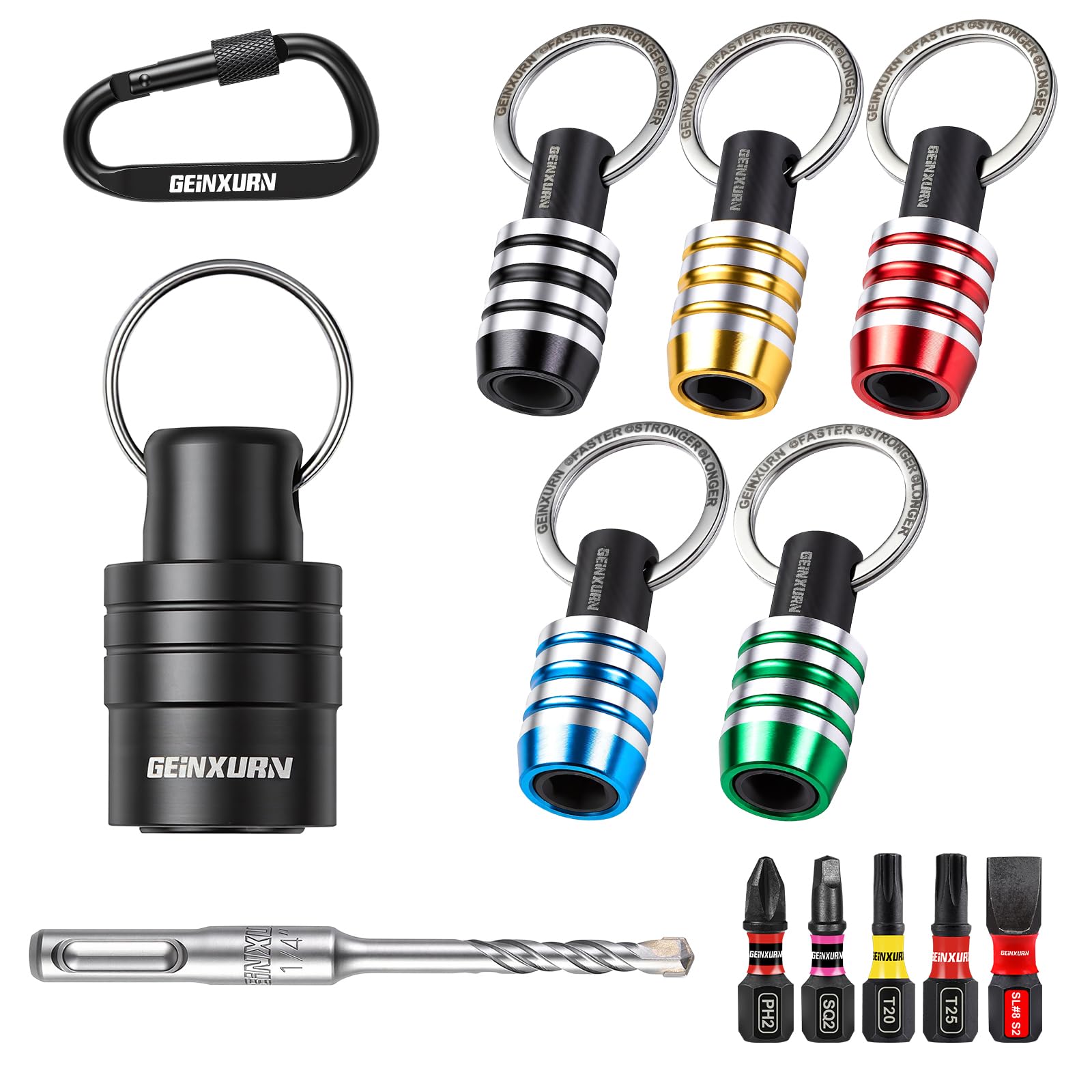 Geinxurn 12Pcs Bit Holder Keychain Set, 1/4" Hex & SDS Shank Quick Release and Change Drill Bit Organizer with SDS Plus Rotary Hammer Drill Bits and Screwdriver Bit for Masonry Construction Worker