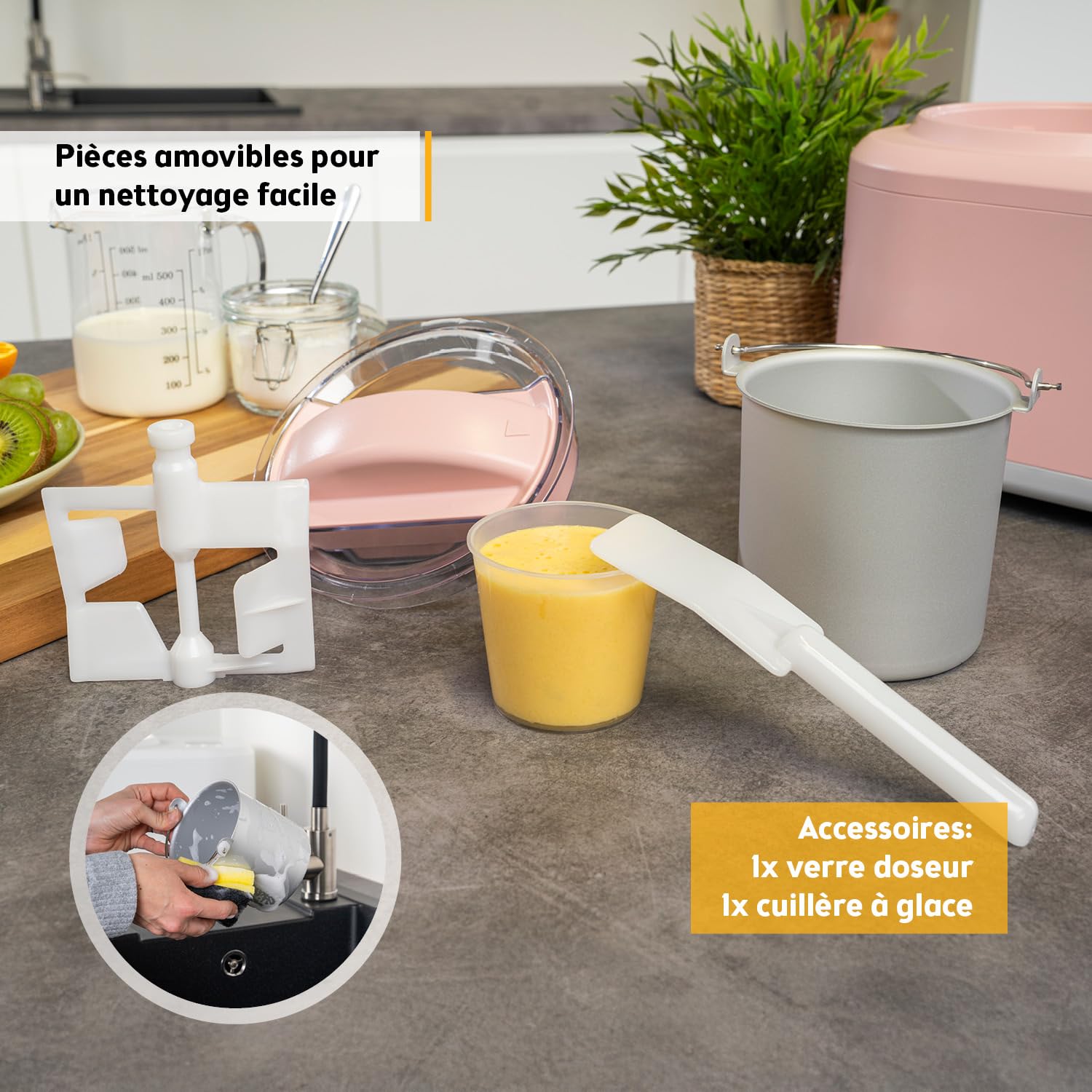 TZS First Austria - Sorbetière 1L avec Compresseur 3-en-1-100W Machine à Glace Auto-Réfrigérante - Pour Frozen Yogurt, Sorbet & Glace - Cuve Inox - Rose