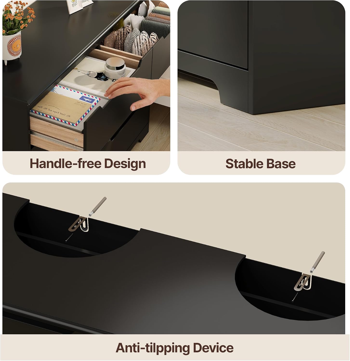 Close-up of handle-free design, stable base, and anti-tipping device