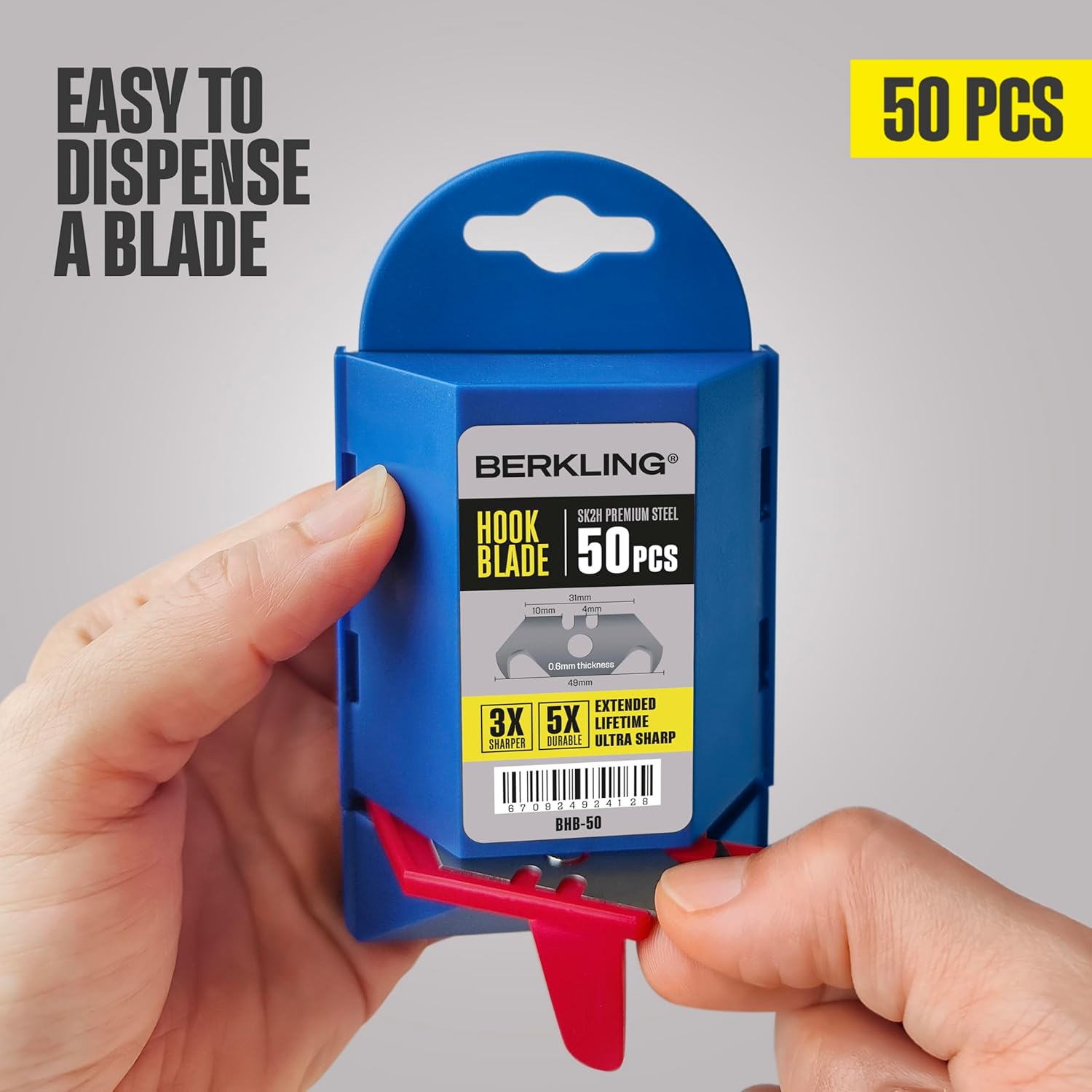 Utility Hook Razor Blades 50 PCS With Dispenser, SK2H Laser Sharpened Hardened, Ultra 3X Sharper and 5X Durable, Heavy Duty Replacement Blades for Carpet, Roofing Blade Knife, Box Cutter