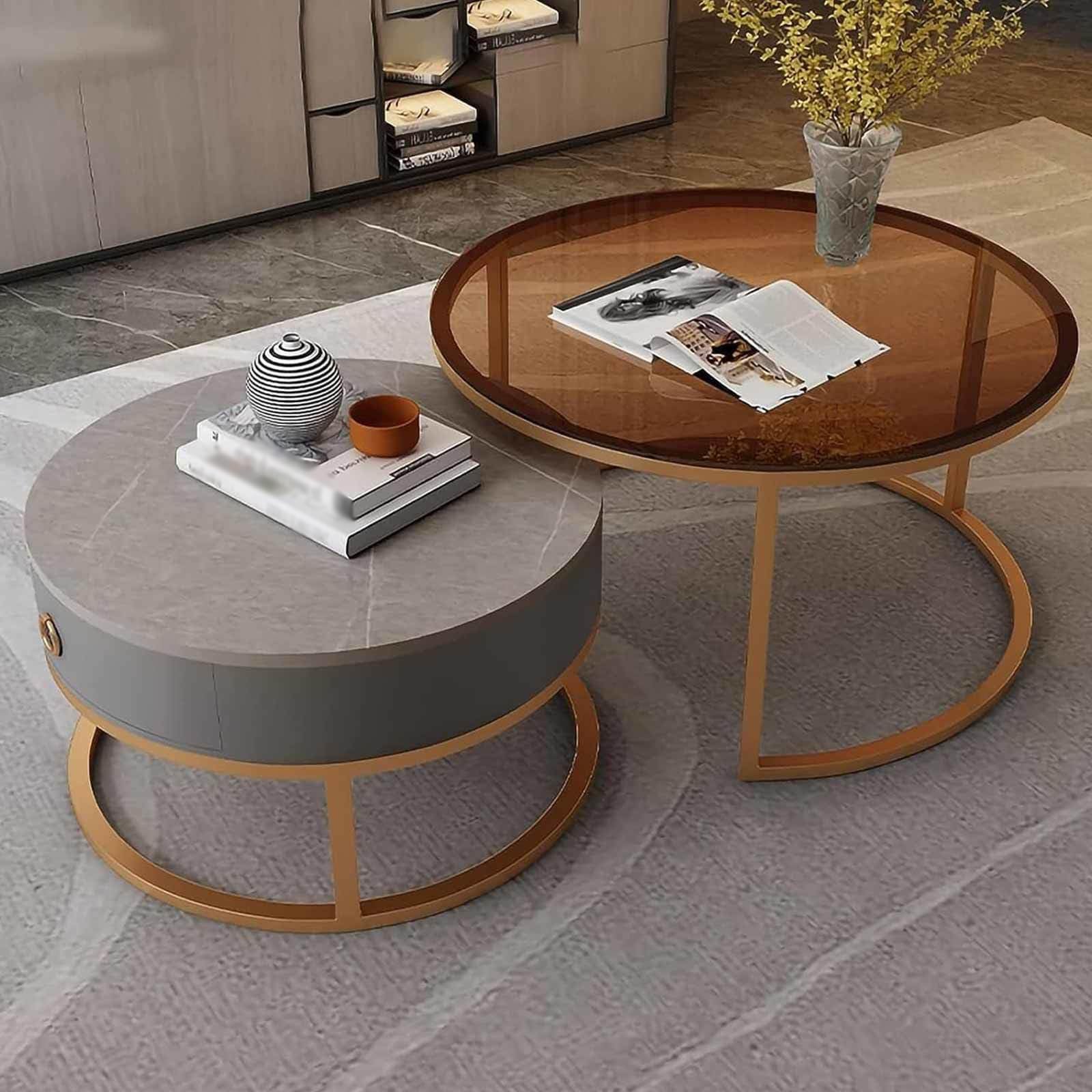 Table à Thé d'Appoint Gigogne contre le Désordre, Duo Gain de Place Ronde en Marbre et Verre D
