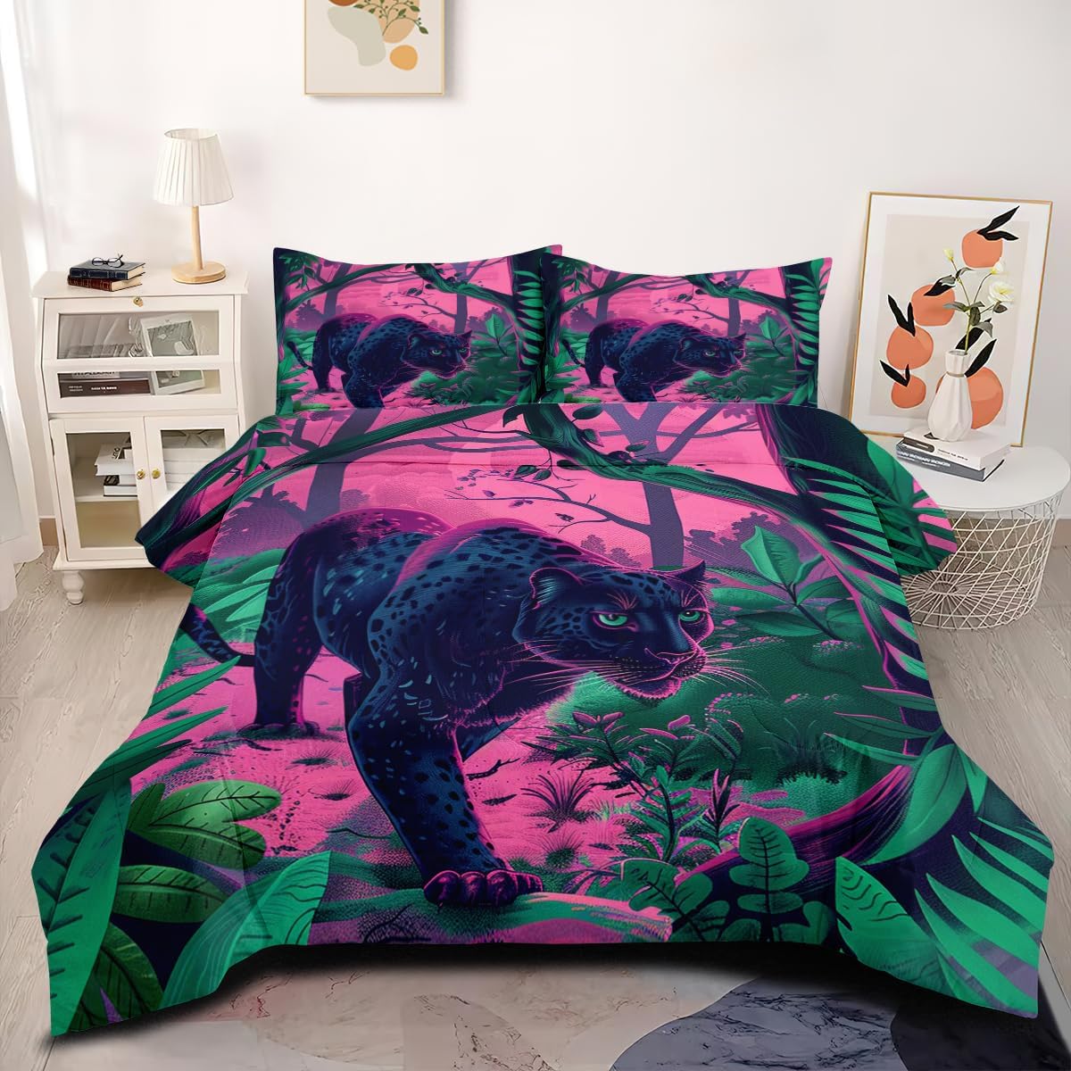 Black Panther Comforter Set Queen Size Wildlife Animal Bedding Set Women Leopard Cheetah Print Comforter Pink Green Decor Quilt Set 3Pcs Soft Lightweight Bed Set with 2 Pillowcases