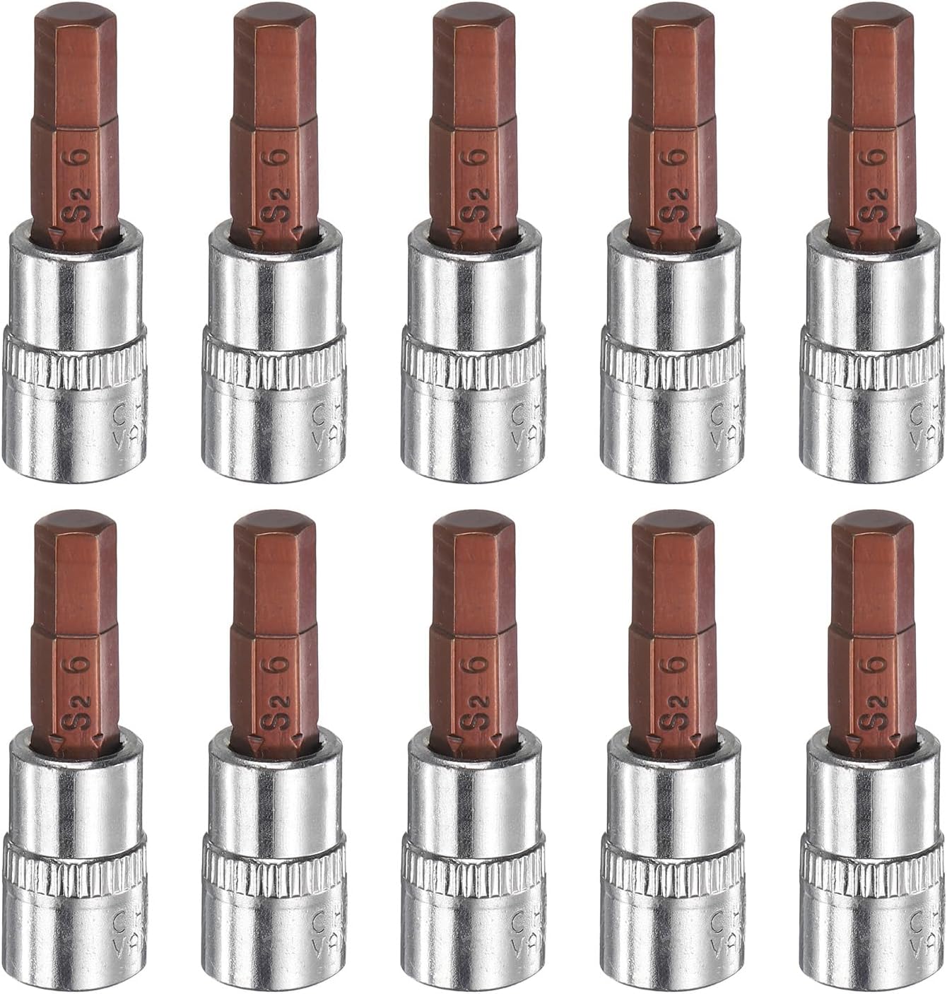 HARFINGTON 10pcs H6 Hex Bit Socket 1/4" Square Drive Metric S2 & CR-V Steel Socket Ratchet Wrench Bits, Silver Red