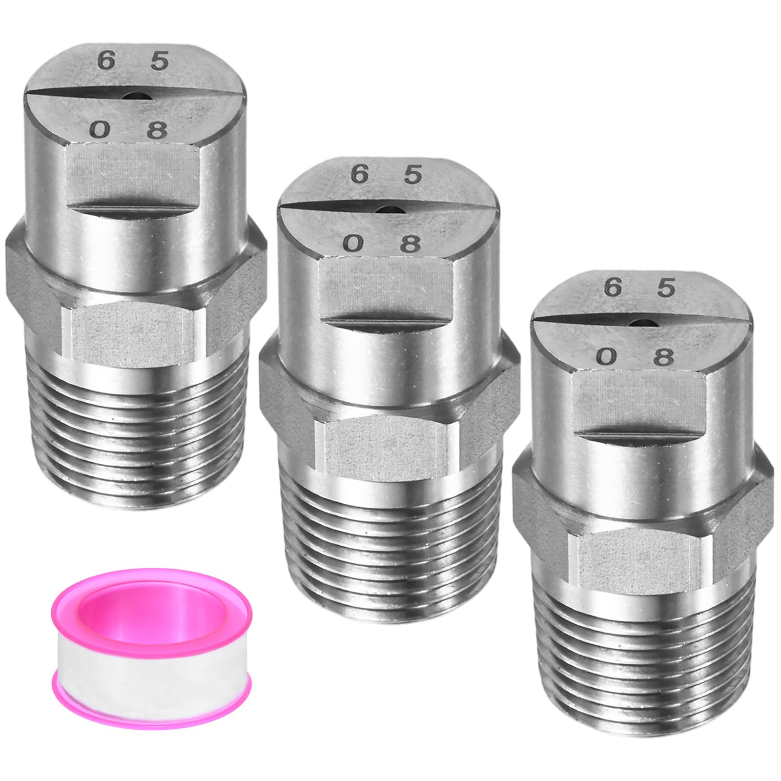 M METERXITY 3-Pack Sprayer Nozzle Tips, 3/8 BSPT Male Thread 65° 304 Stainless Steel Flat Fan Spray Tips with Tape for Irrigation, Replacement of Knapsack Nozzles [Silver Tone, 1.8mm Pore]