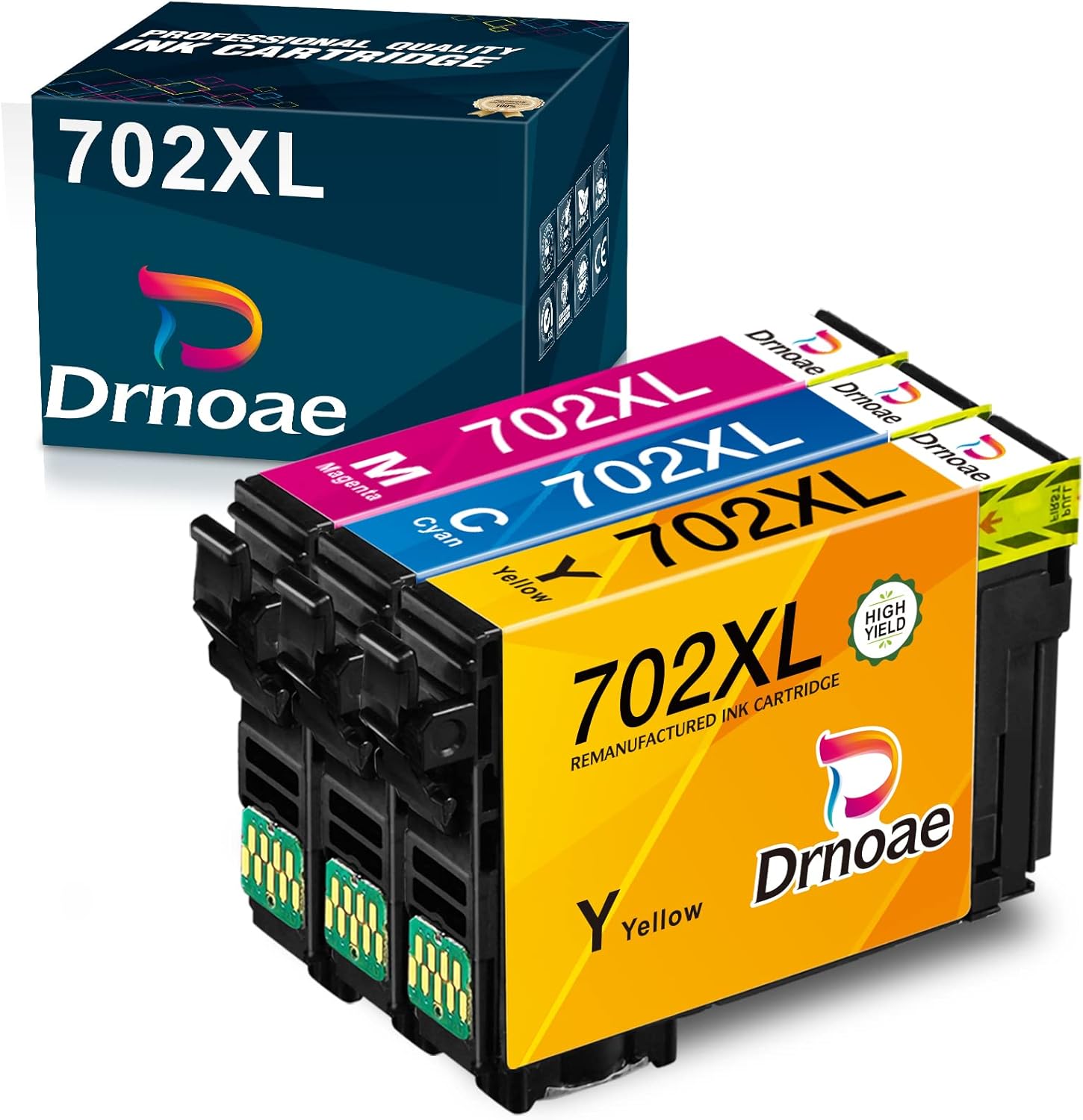 Drnoae Remanufactured Ink Cartridge Replacement for Epson 702XL T702XL 702 T702 to use with Workforce Pro WF-3720 WF-3730 WF-3733 Printer (3 Pack, Cyan Yellow Magenta)