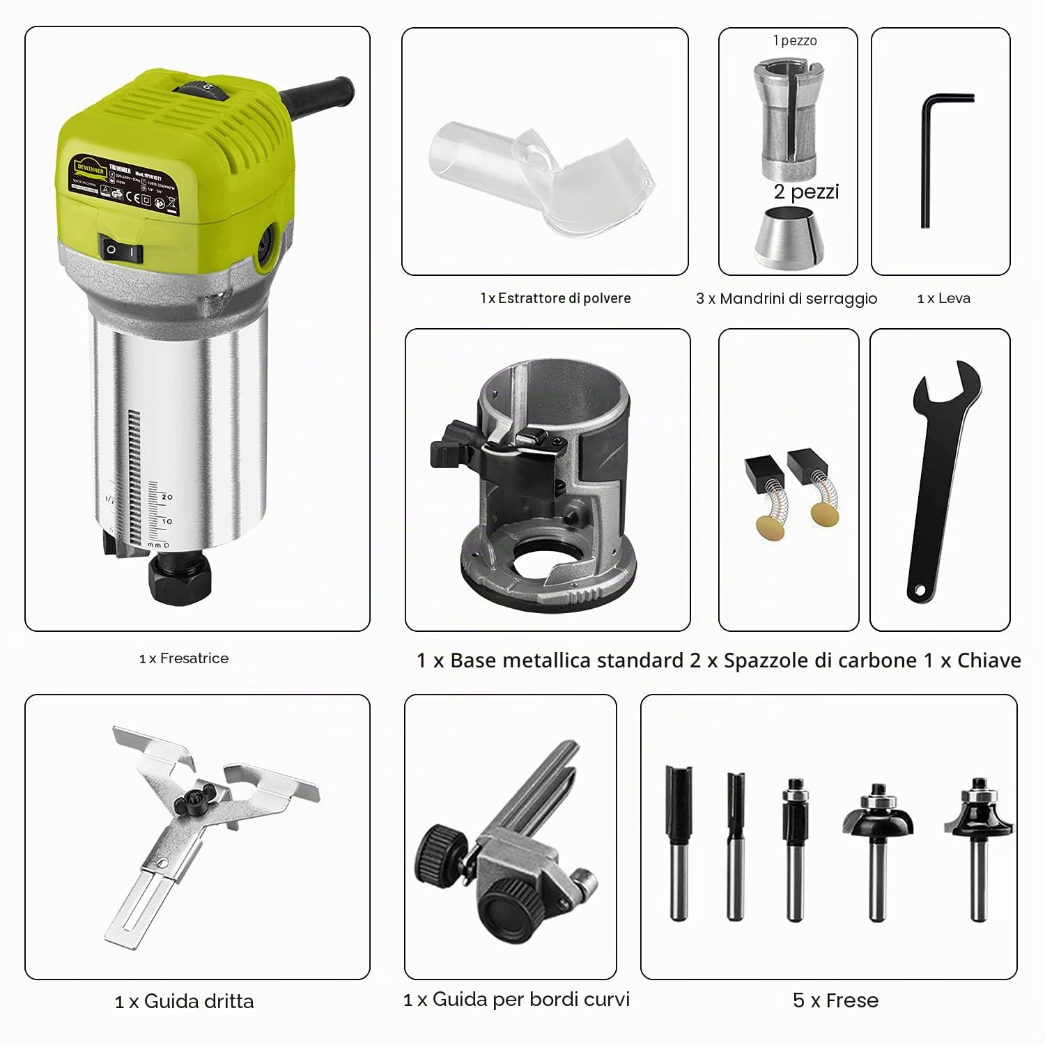Fresatrice Rifilatore, DEWINNER Router di legno elettrico 710W 13000-33000 giri/min, 6 velocità variabili, 3 pinze da 1/4'', 6mm e 8mm, laminatore professionale con accessori