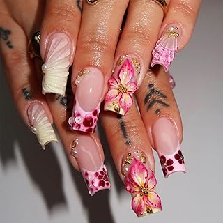 Summer Press on Nails Long Coffin Fake Nails Colorful French Tip Nails with 3D Gold Starfish Shell Charms Designs Beach False Nails Full Cover Flower Acrylic Nails Summer Glue on Nails for Women 24Pcs