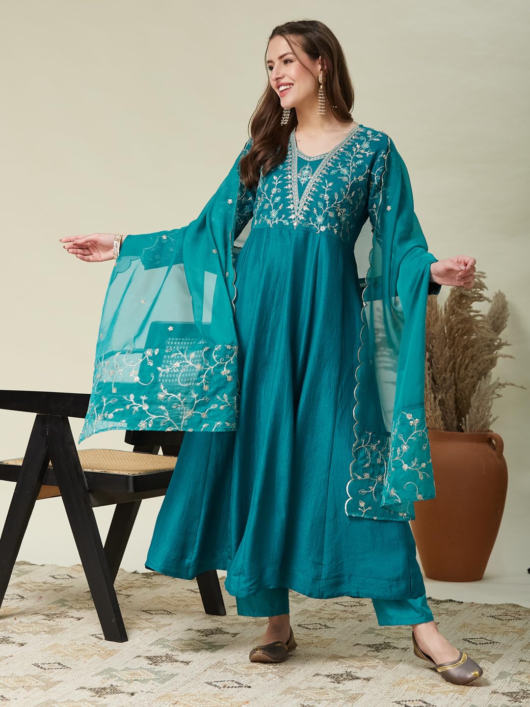 MOKOSH Women Silk Embroidered Rama Anarkali Kurta Pant And Dupatta Set-471-03-S - Image 8 thumbnail
