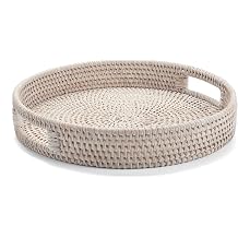 34cm Rattan Round Serving Tray, Hand Woven Serving Basket with Cut - Out Handles, Wicker Fruit/Bread Serving Basket by YANGQIHOME, Whitewash