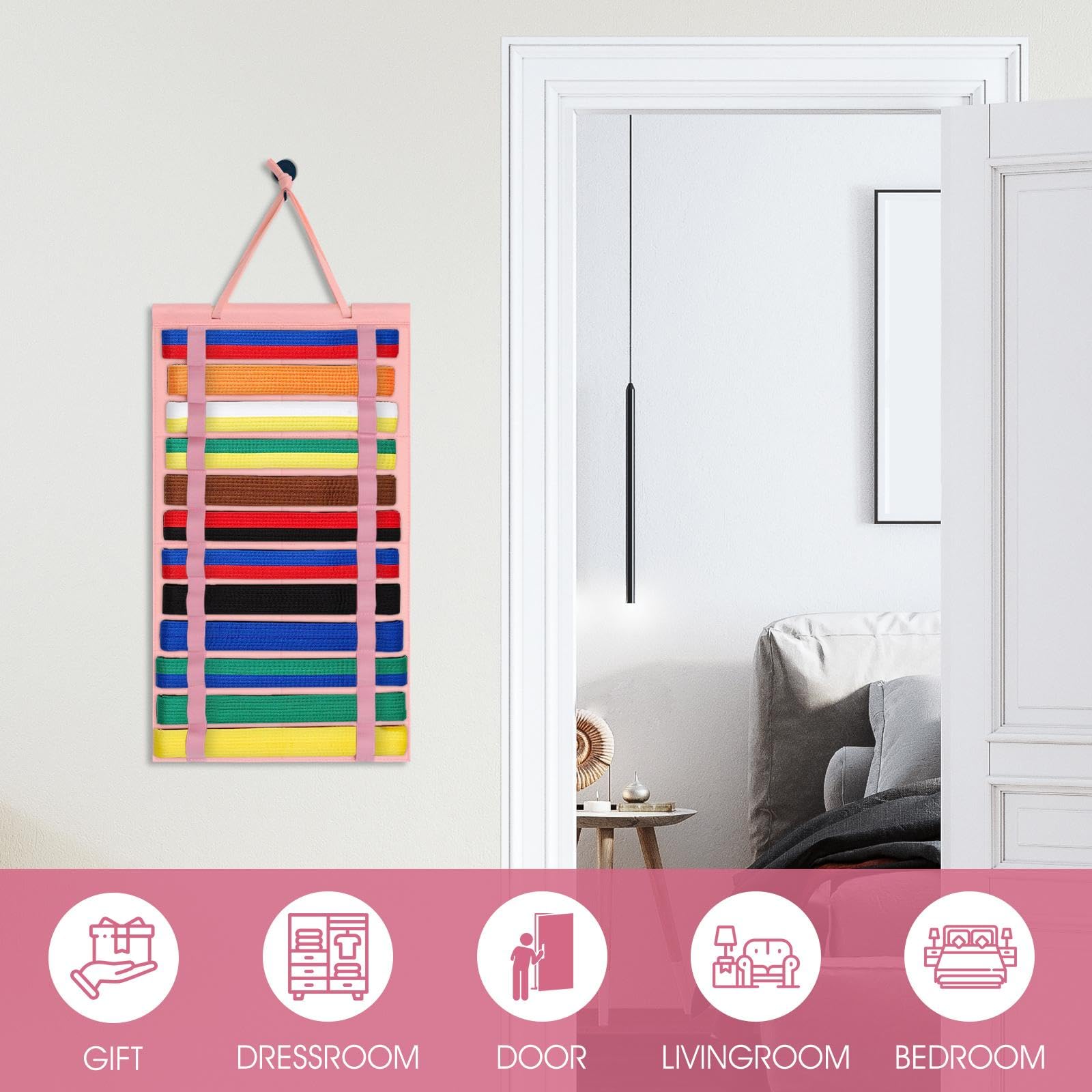 TTETTZ Martial Arts Belts Organizer Hanging Hanging Bag Felt Rack Taekwondo Belt Display for Kids Judo Martial Arts Learners, Pink