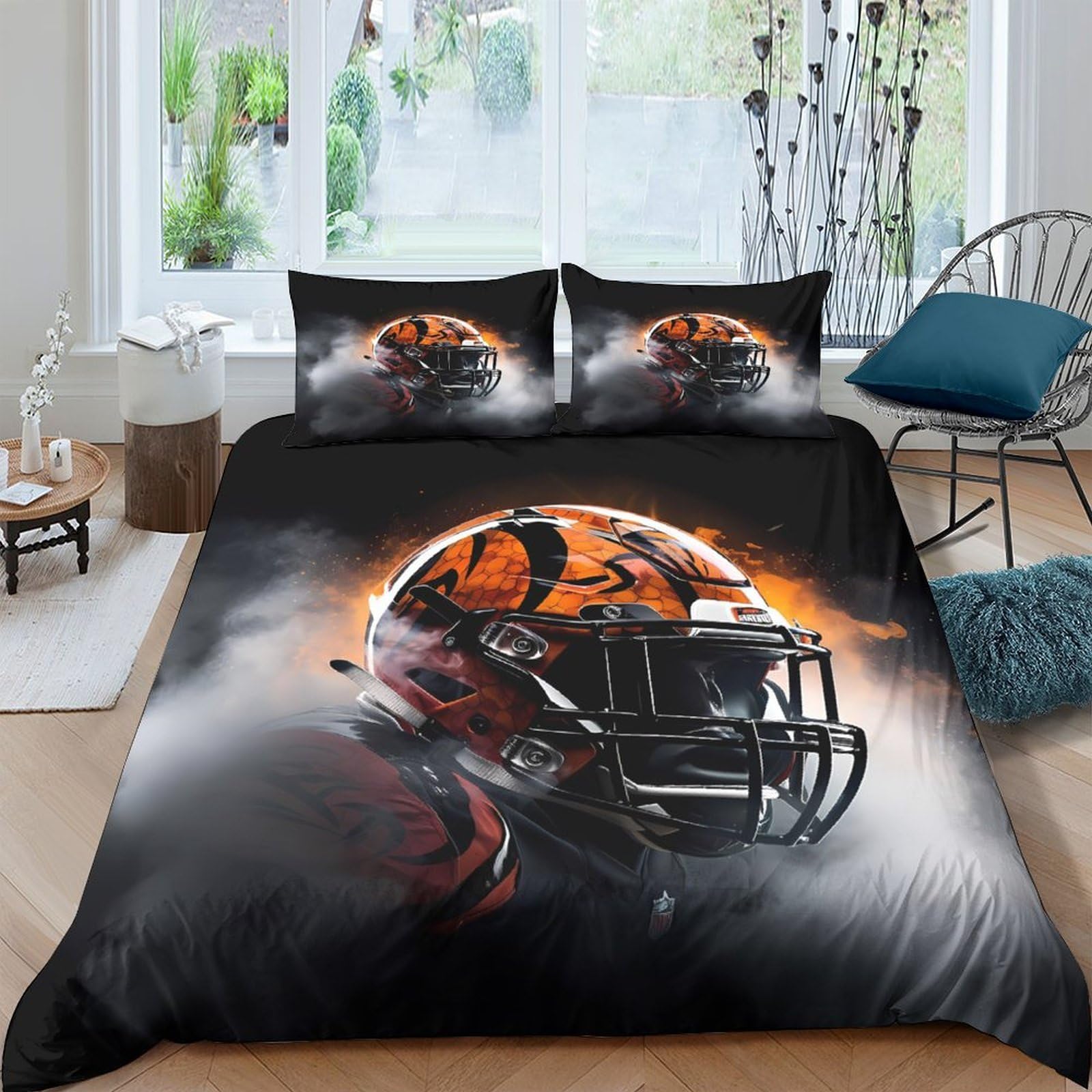 Ctjqhvkz Style-1 3D Printed American Football Helmet Fitted Sheet Microfiber Black Orange Bed Cover For Bedroom Dorm Mattress Decor Single（135X200cm）