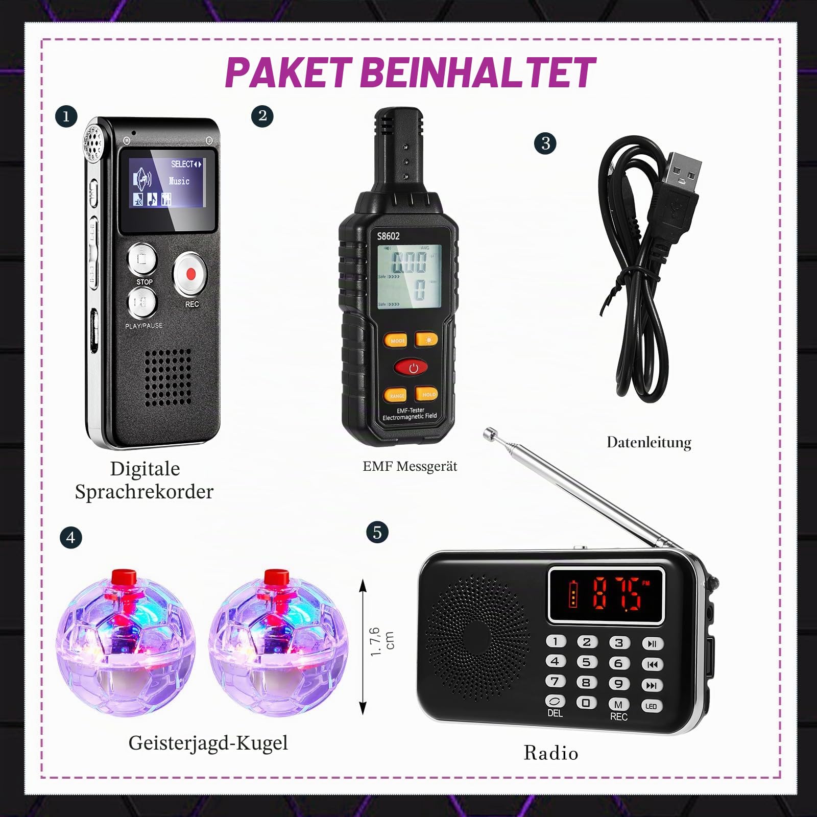 Dunzy Geisterjagdausrüstungs-Set: EMF-Messgerät, LED-Bälle, digitales Diktiergerät