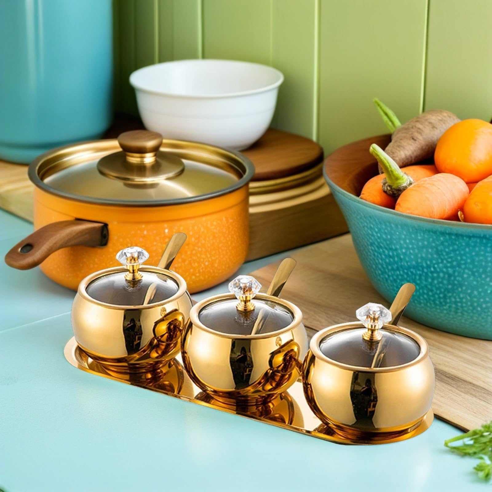 Gewürzbehälter Inklusive Tablett Satz mit Deckel und Löffel Edelstahl Moderner Stil Luxuriöse Goldene Oberfläche für Salz Zucker und Gewürze in Küche