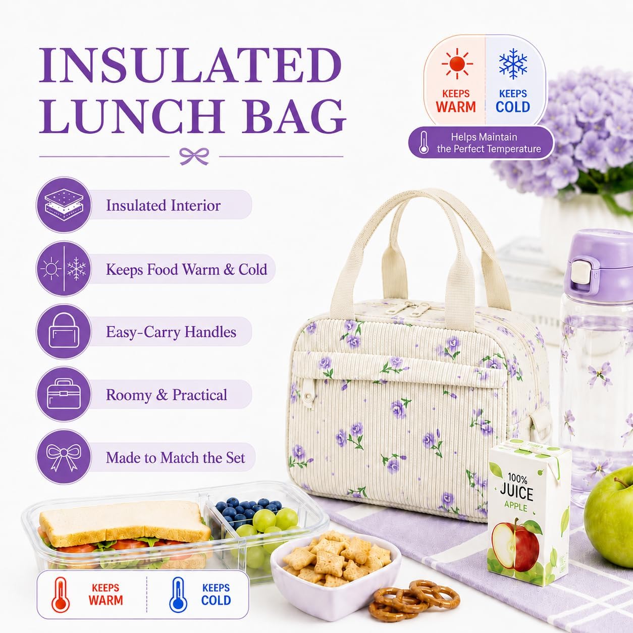 3 Pcs School Set for Girls, Corduroy Backpack with Lunch Bag & Large Pencil Case, Multi Pocket School Essentials for Kids, Teens, Travel & Everyday Use (Tiny Purple Floral, M) image 5