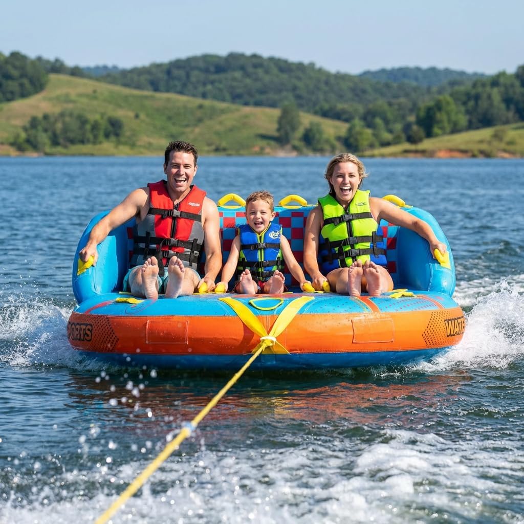 3 Person Inflatable Towable Tube for Boating, Water Sport Towable Float with Dual Handles and Comfortable Backrests, Heavy-Duty PVC Construction for Lake River Ocean Use