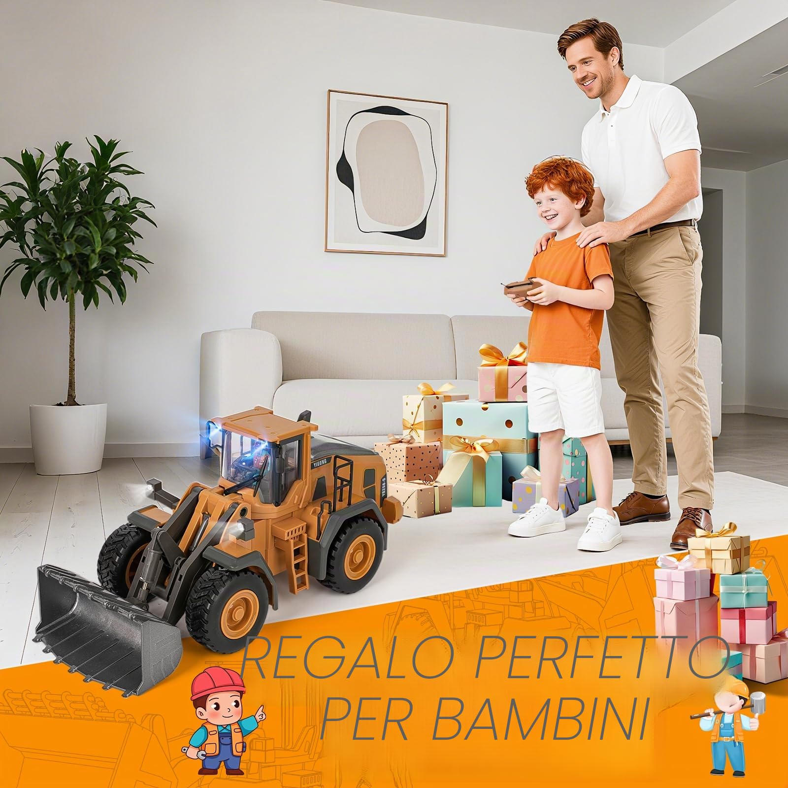 maysida Escavatore giocattolo con telecomando, bulldozer con luci e suoni per bambini dai 3 ai 12 anni, escavatore RC da 2,4 GHz con pala in metallo, veicolo da costruzione, regalo di compleanno