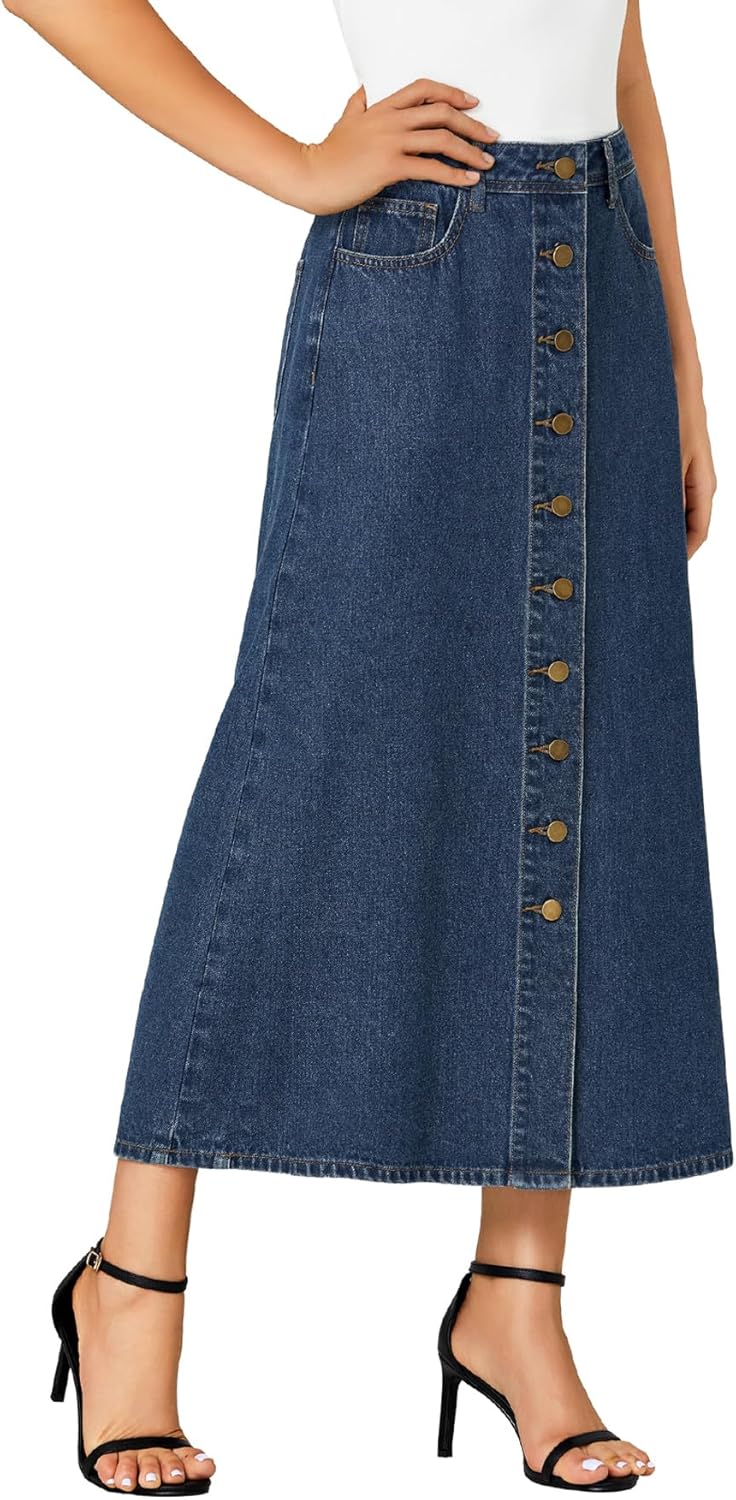 Vrtige Women's Casual Button Down High Waisted A Line Jean Midi Long Denim Skirt with Pockets