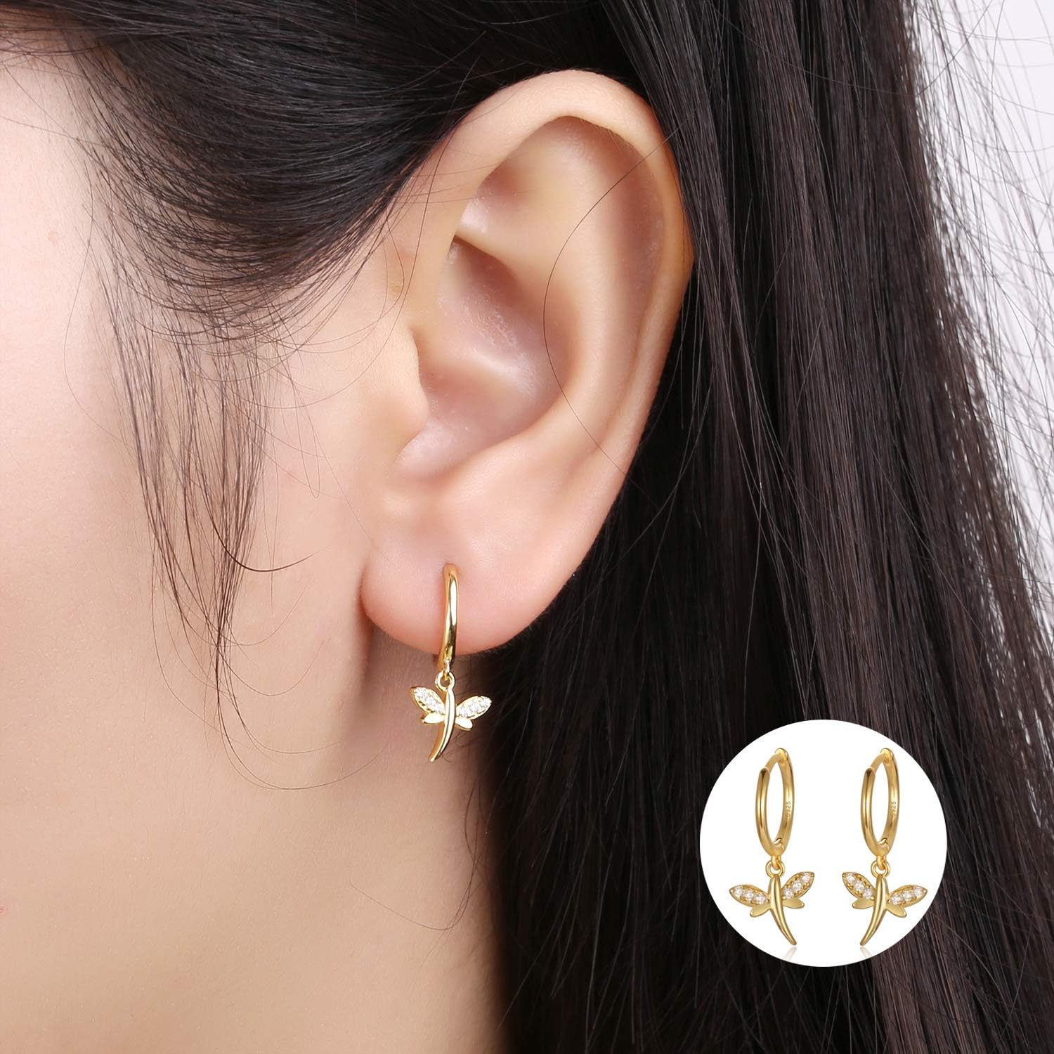 Dainty Dangle Hoop Earring for Women - Small Huggie Hoop Earrings Sets with Butterfly, Bee, Key Charm in 925 Sterling Silver or 18K Gold Plated - Image 2