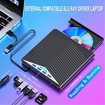 Dainty 7-in-1External Blu ray Drive Read/Write with Bluray Burner USB 3.0 and Type-C Compatible with/Windows7-11 Mac OS Support for BD/DVD/CD Drive, Windows 7-11 & Mac, PC M-DISC(Black)