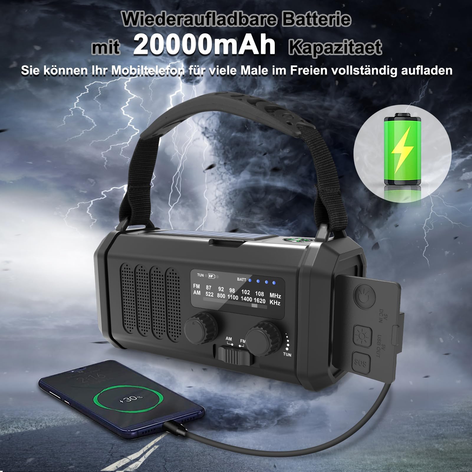 Solar Radio, Tragbar Kurbelradio AM/FM Notfallradio mit 10000/20000mAh Wiederaufladbar Powerbank, 3 Modi LED Taschenlampe, SOS Alarm,USB-C Handyladung für Camping Ourdoor (Schwarz, 20000 mAh)