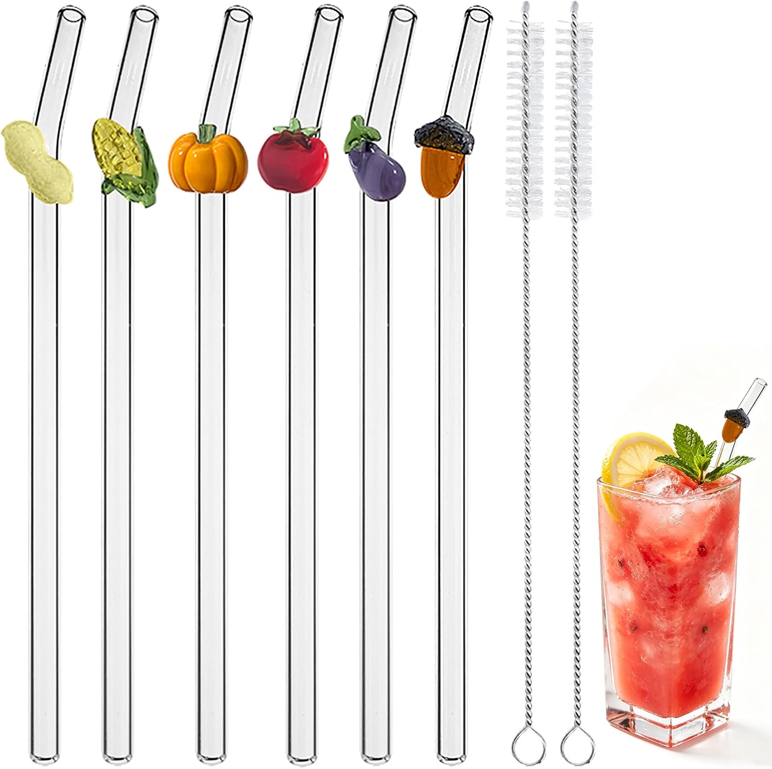 Glass Drinking Straws with Charms, 6 Bent Straws + 2 Brushes, 7.9in x 8mm