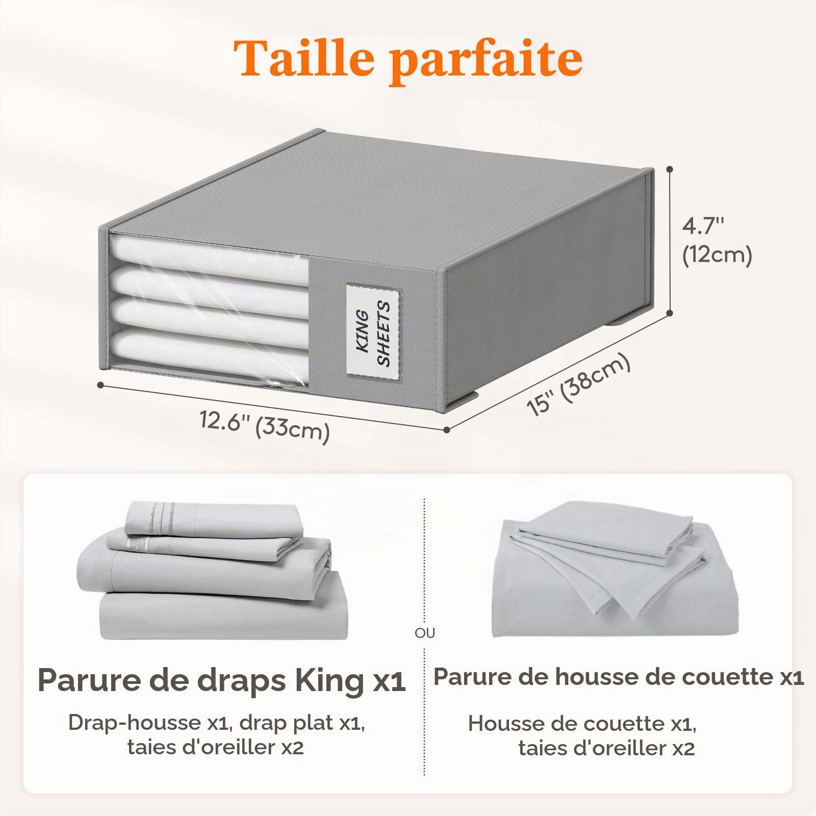Lifewit Sacs de Rangement Pliables pour Draps de Lit, Boite Rangement Draps de Lit avec Fenêtre Transparente, Étiquette, Caisse Rangement Housse Couette, Couverture, Placard, Gris Claire, Lot de 6