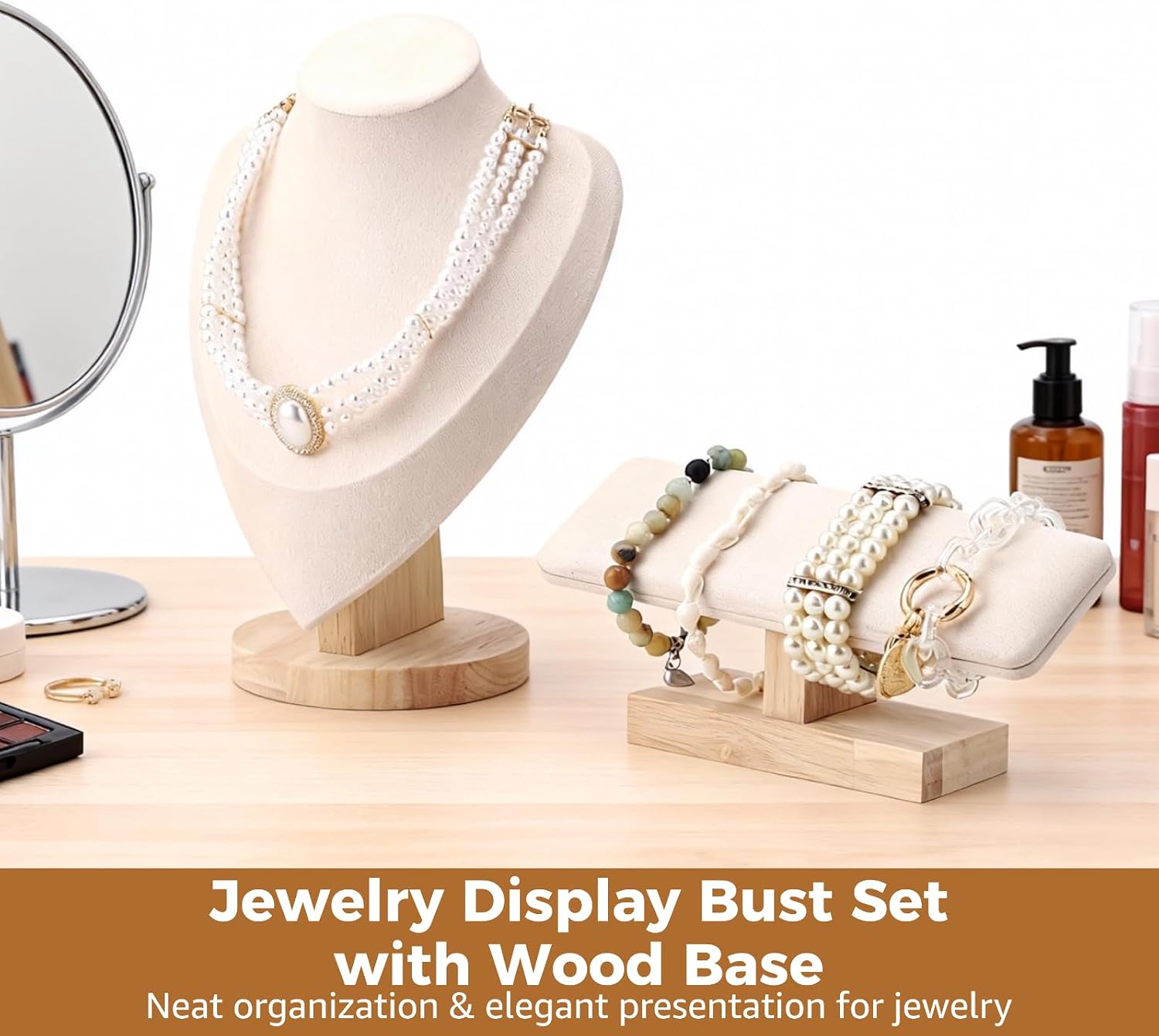 4 Pcs Jewelry Display Bust Set with Wood Base, Including 2 Necklace Stands & 2 T-bar Bracelet Display Stands, Beige Jewelry Bust for Home Store Trade Show